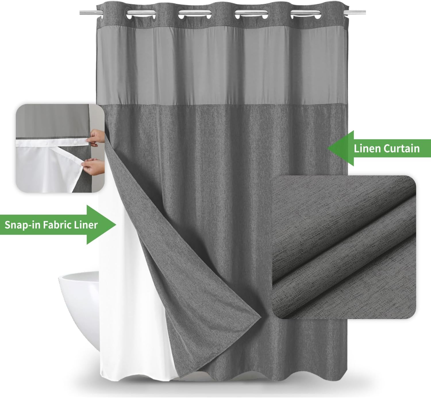 Linen Textured Shower Curtain Set with Snap-in Liner Charcoal Grey