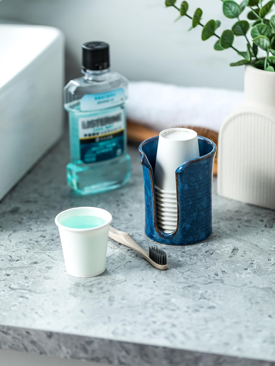 YHOJOY Ceramic Cup Holder 3 Oz Blue Bathroom Dispenser
