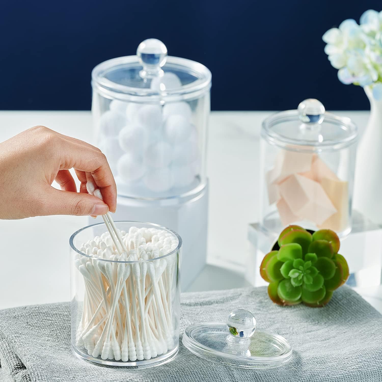 SheeChung 2 Pack Q-Tip Dispenser Clear Plastic Jars with Labels 1