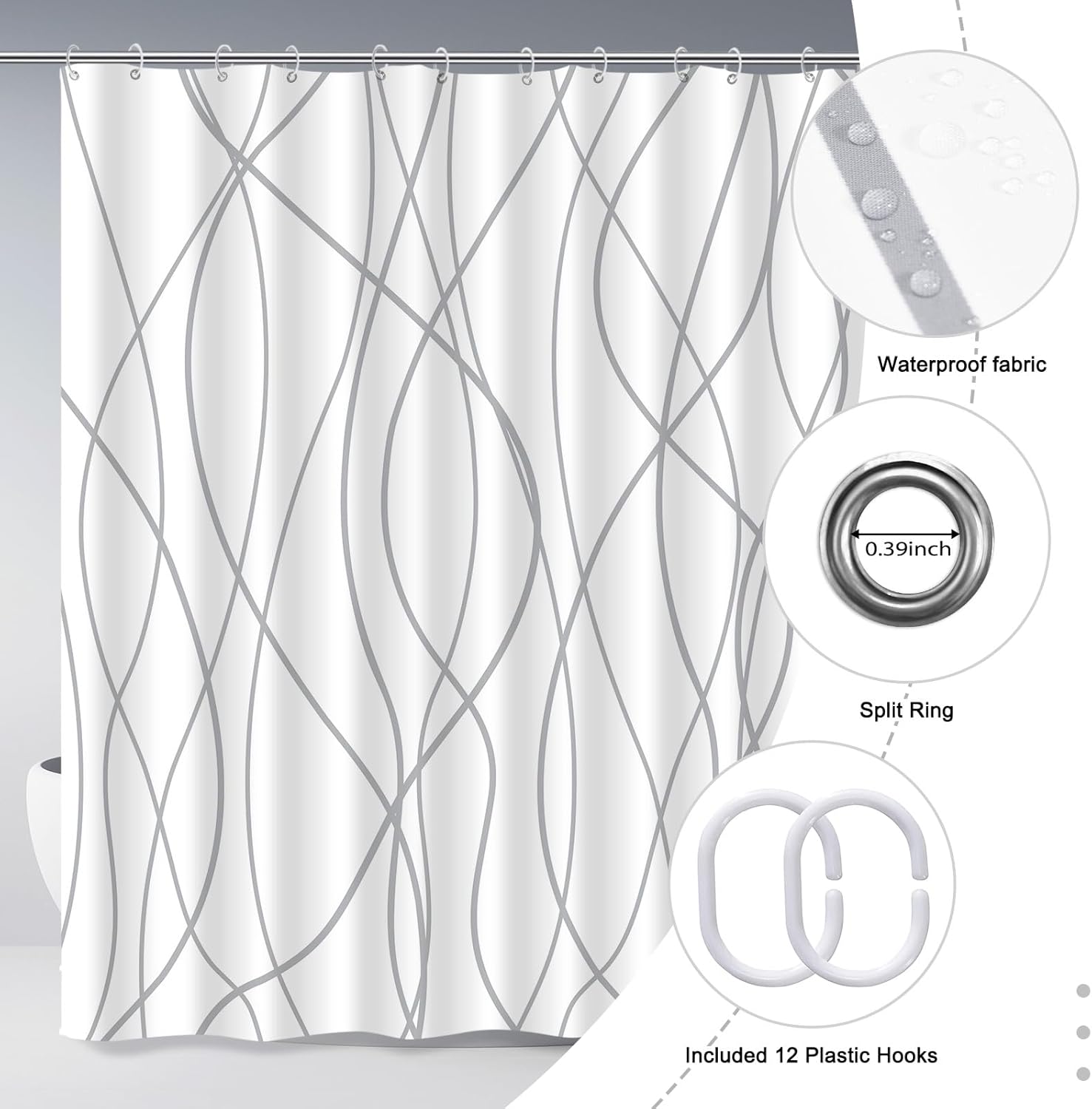 Punkray Grey White Striped Polyester Shower Curtain with Hooks