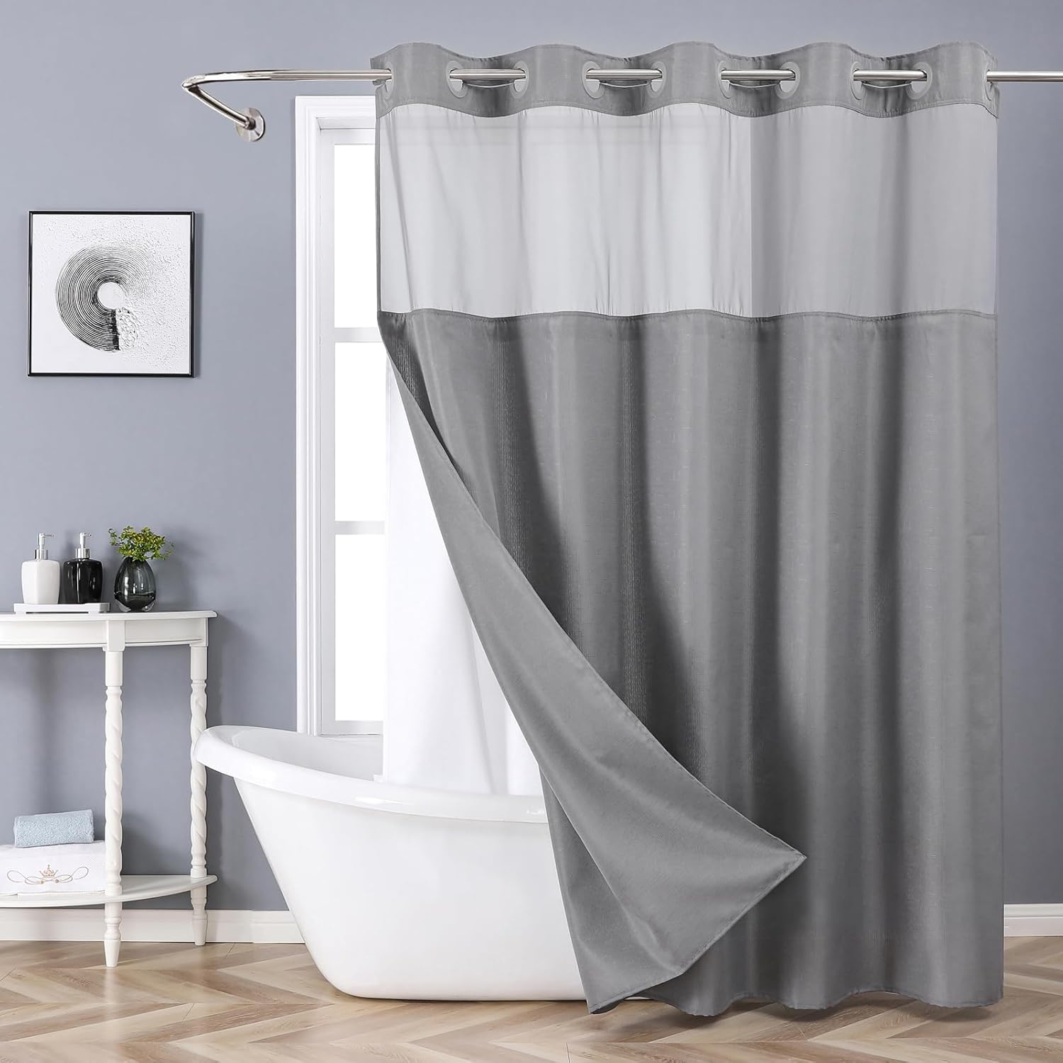 Grey No Hook Shower Curtain with Snap-in Liner Set 1