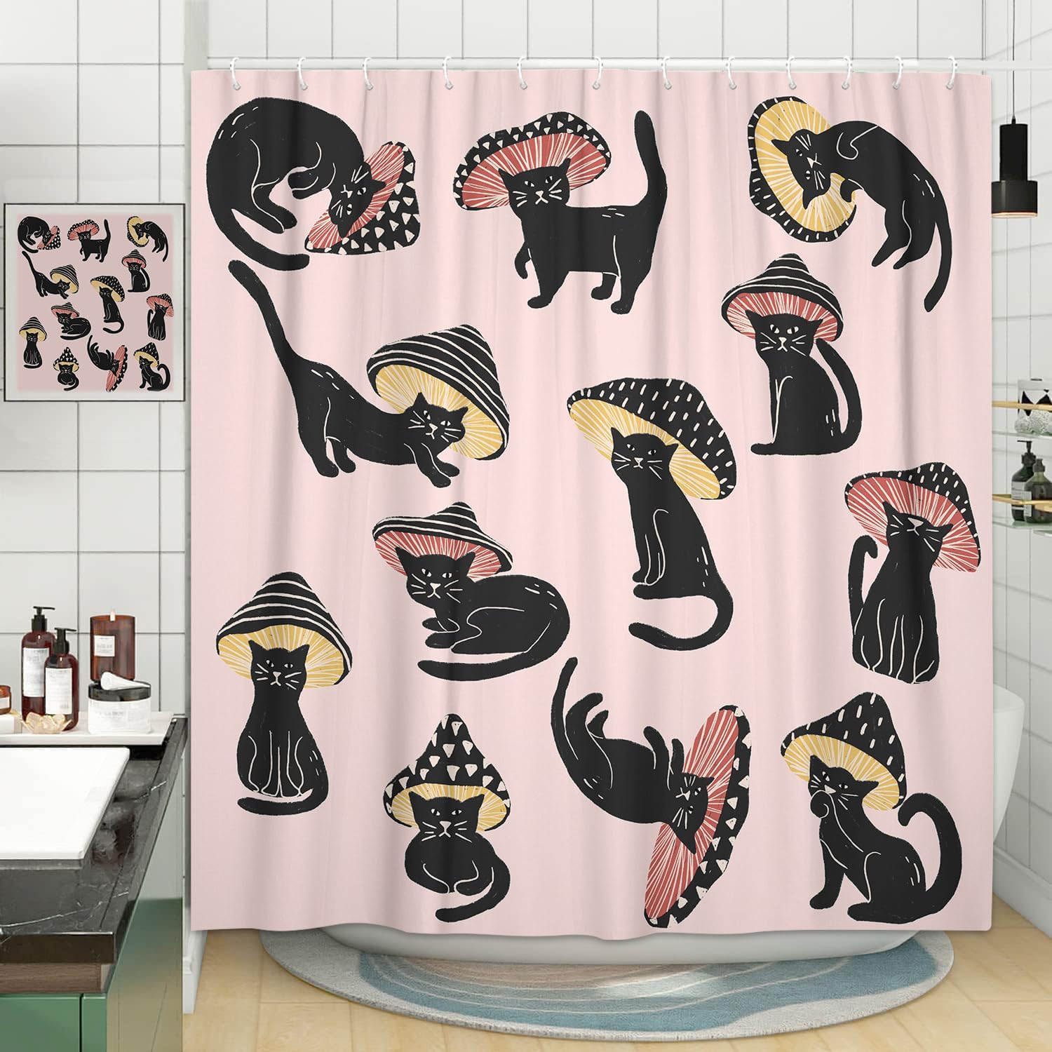 MERCHR Cute Funny Cat Mushroom Shower Curtain 72x72 Inch 1