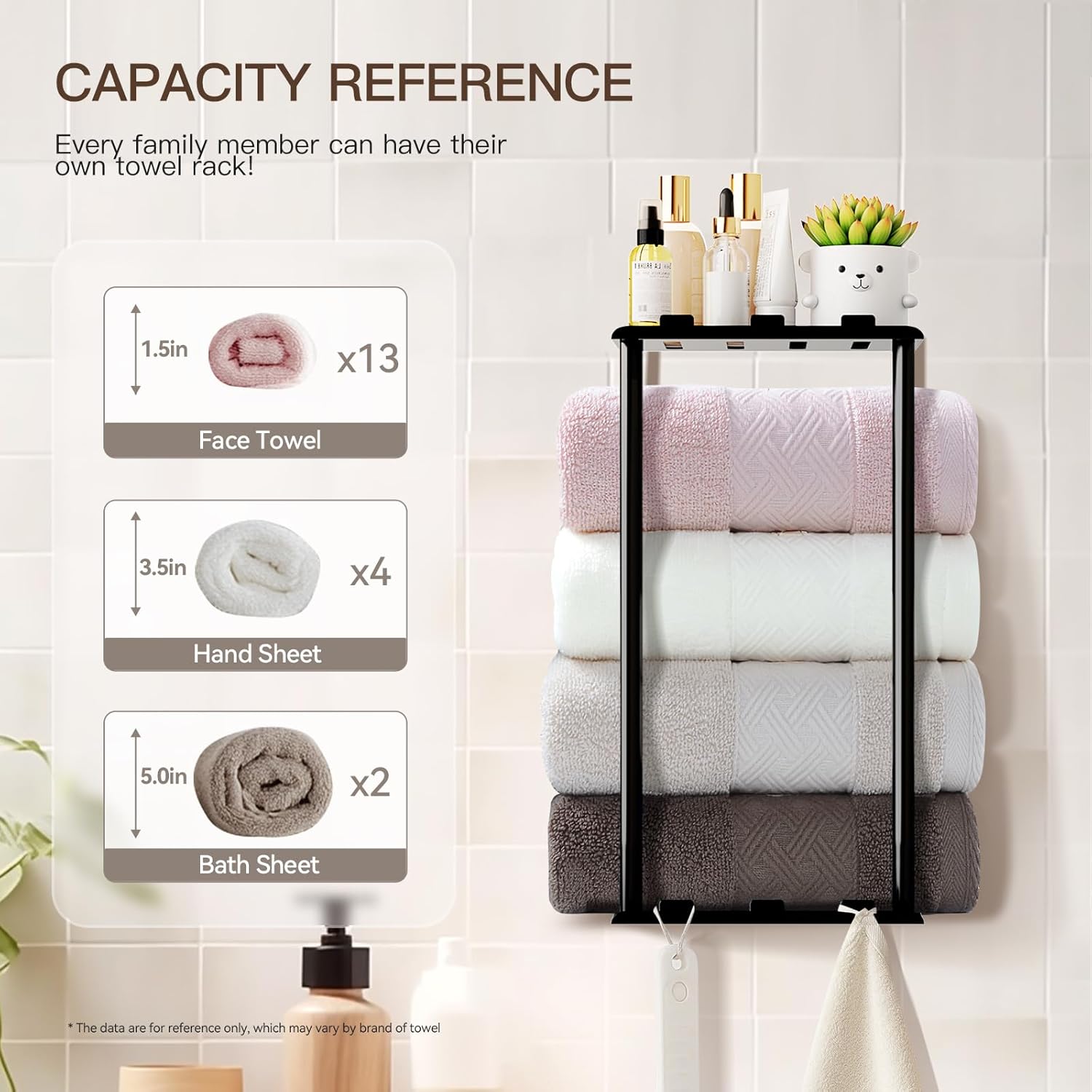KISENG Towel Rack with Shelf 6 Hooks for Bathroom