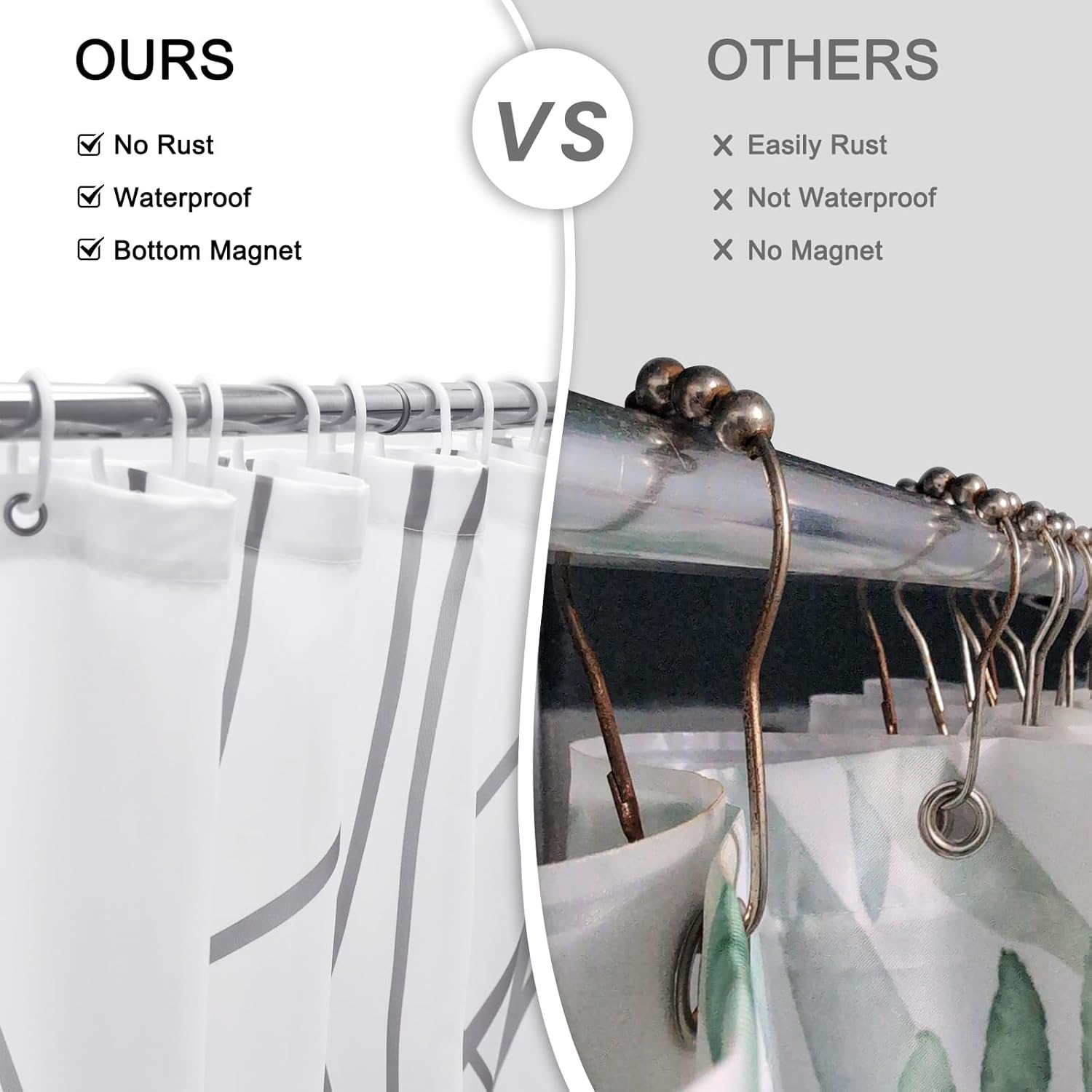 Punkray Grey White Striped Polyester Shower Curtain with Hooks