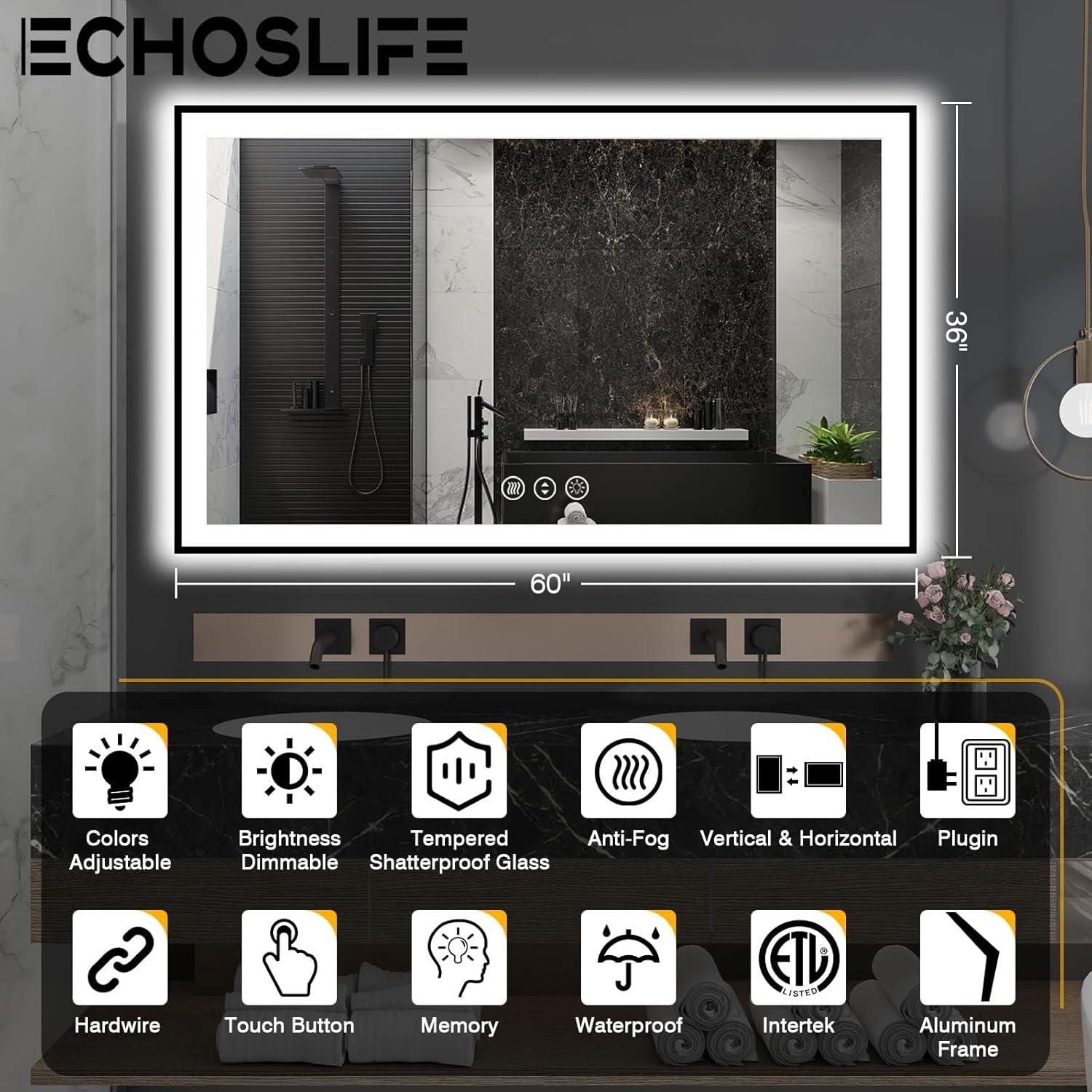EchosLife 60x36 LED Mirror with Black Aluminum Frame