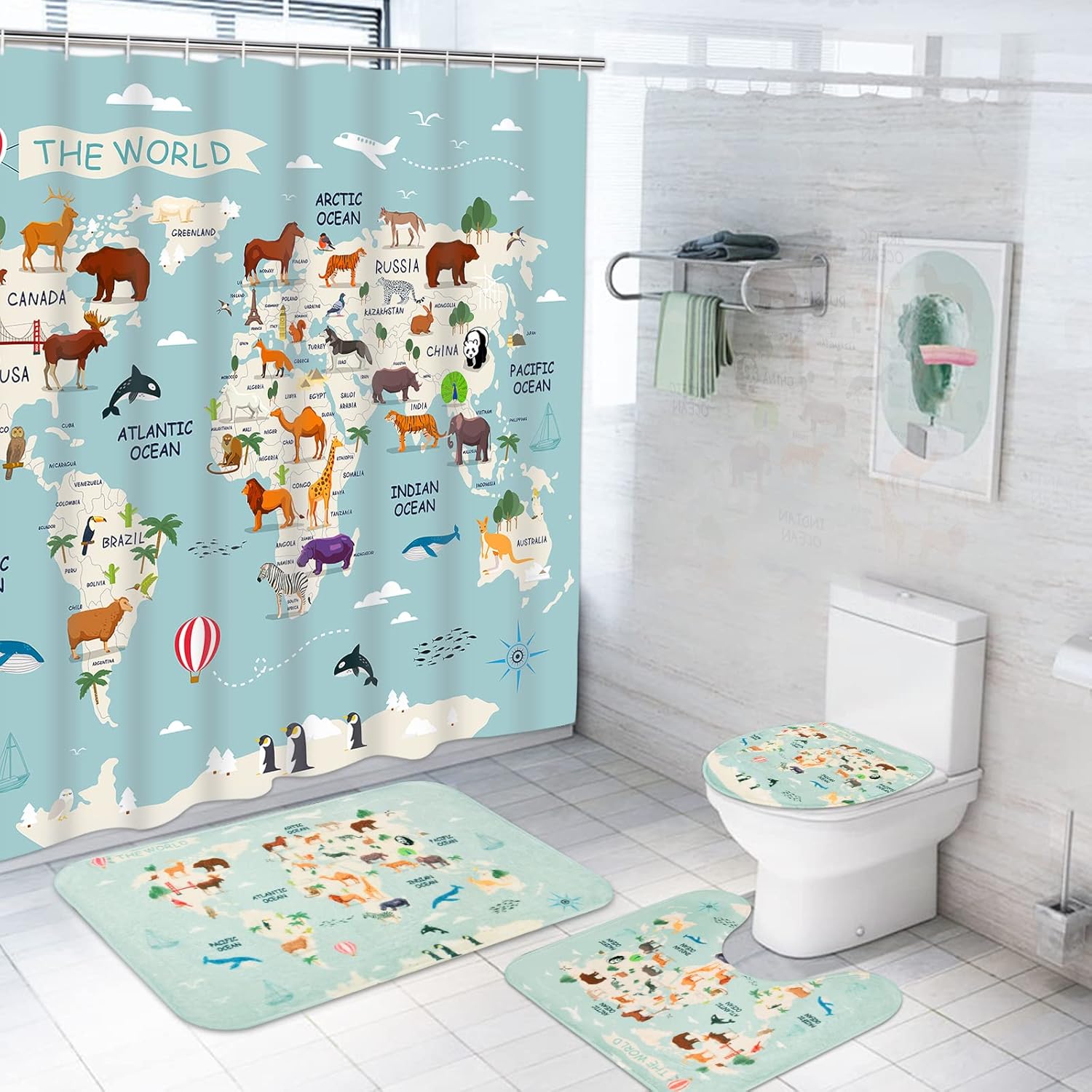Ikfashoni 4 Pcs Animal World Map Bathroom Set 1