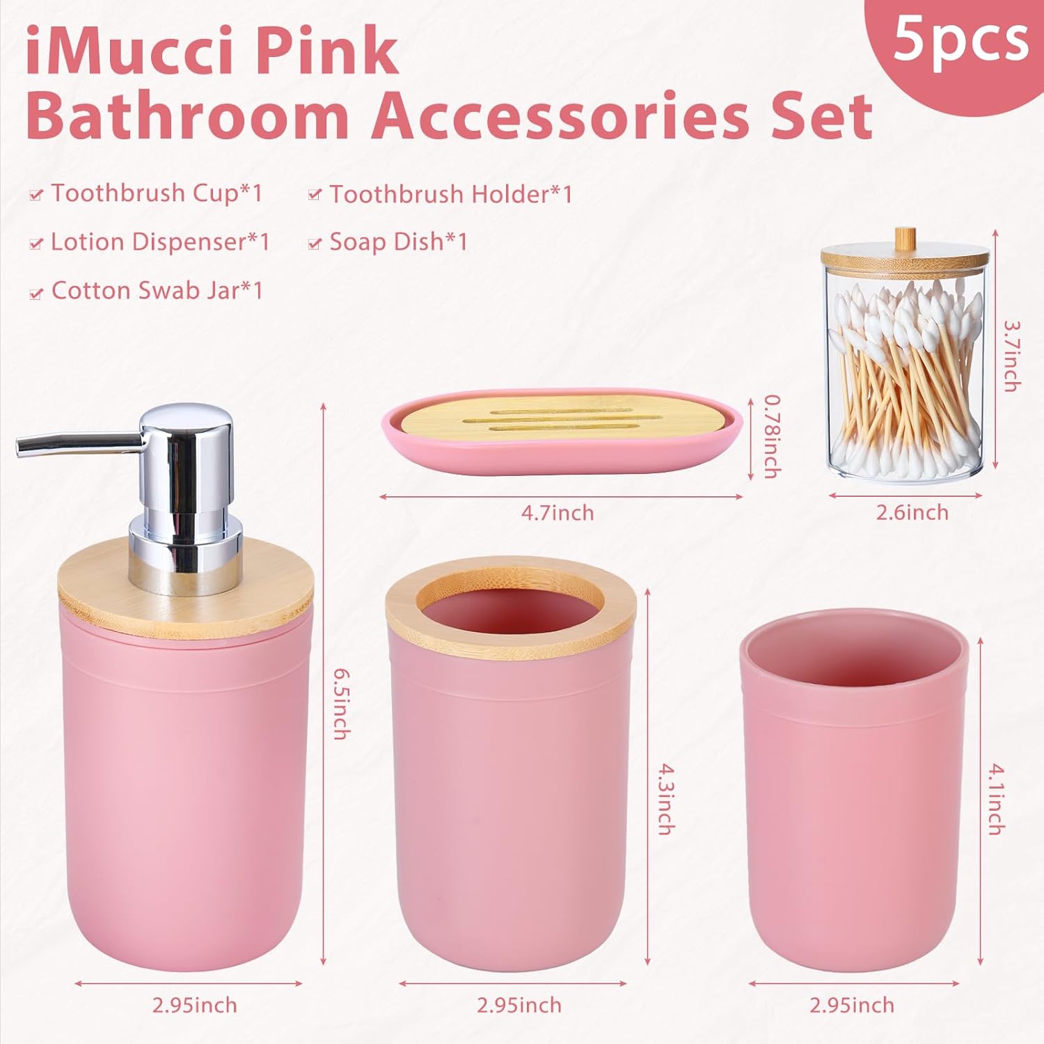 iMucci 5 Piece Bathroom Accessories Set with Pink Bamboo Cover