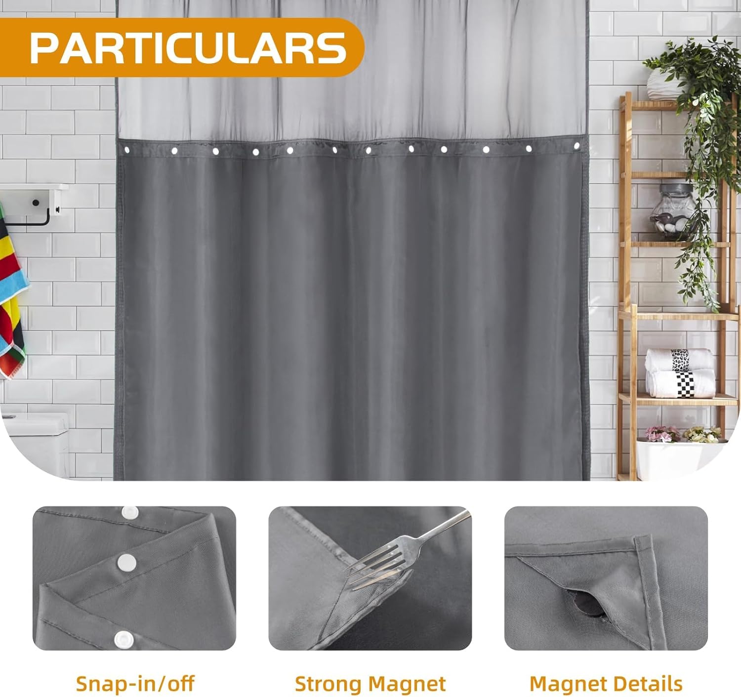 Eachope 1 Pack 70x60 Grey Snap-In Shower Curtain Liner