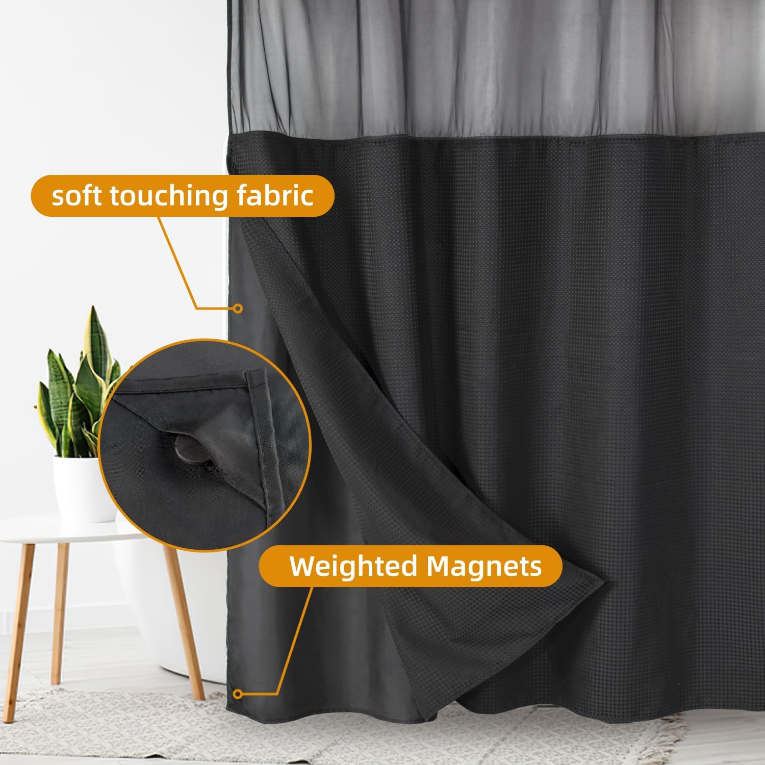 1 Pack Fabric Snap-In Shower Curtain Liner Replacement Black 70x54