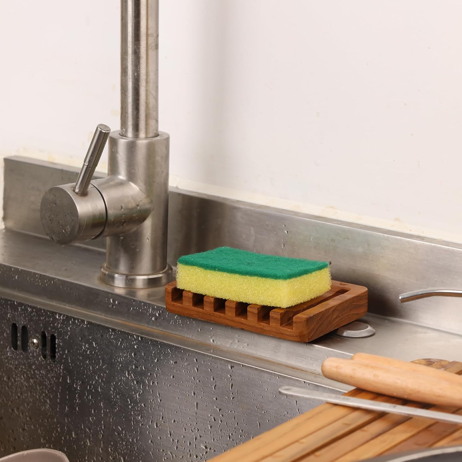 HTB Teak Soap Dish with Slanted Drainage Design