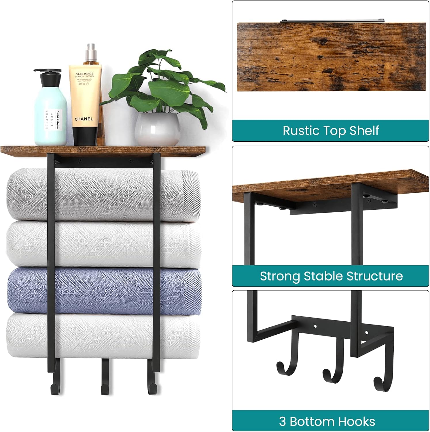 ELITEROO Towel Rack with Shelf and 3 Hooks