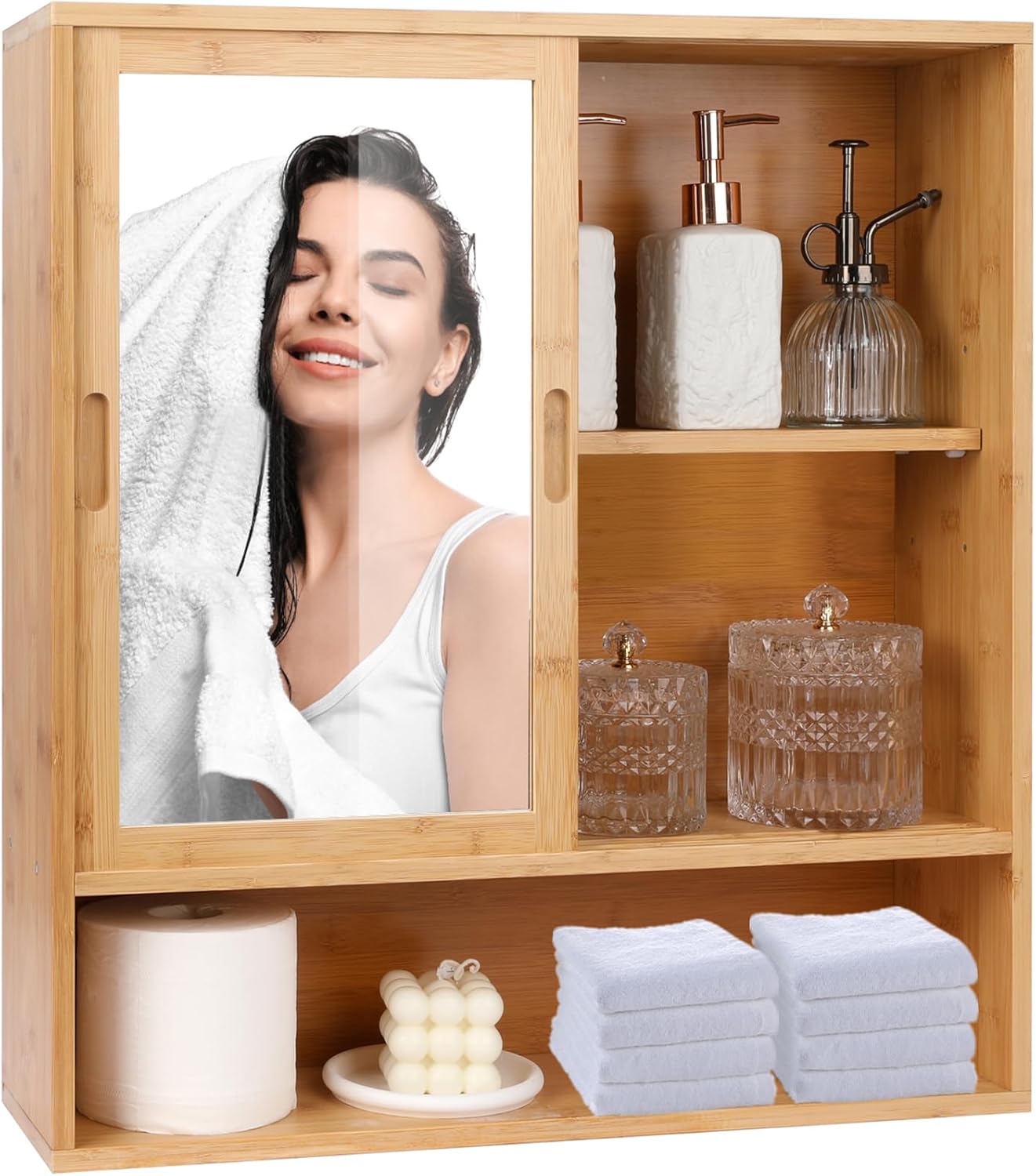 ZYBT Bamboo Medicine Cabinet with Mirror and 2 Sliding Doors