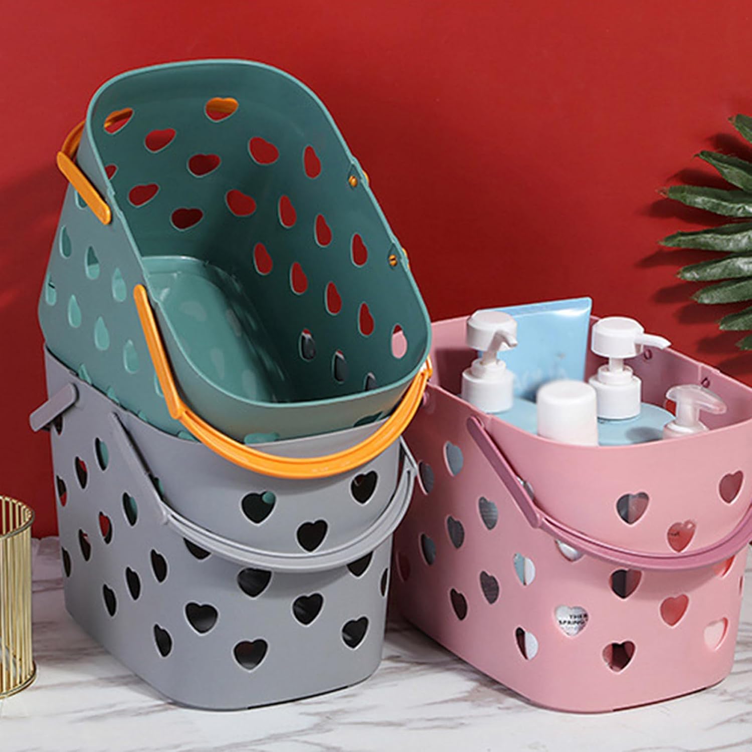 Pink Plastic Storage Basket with Handles and Holes 1