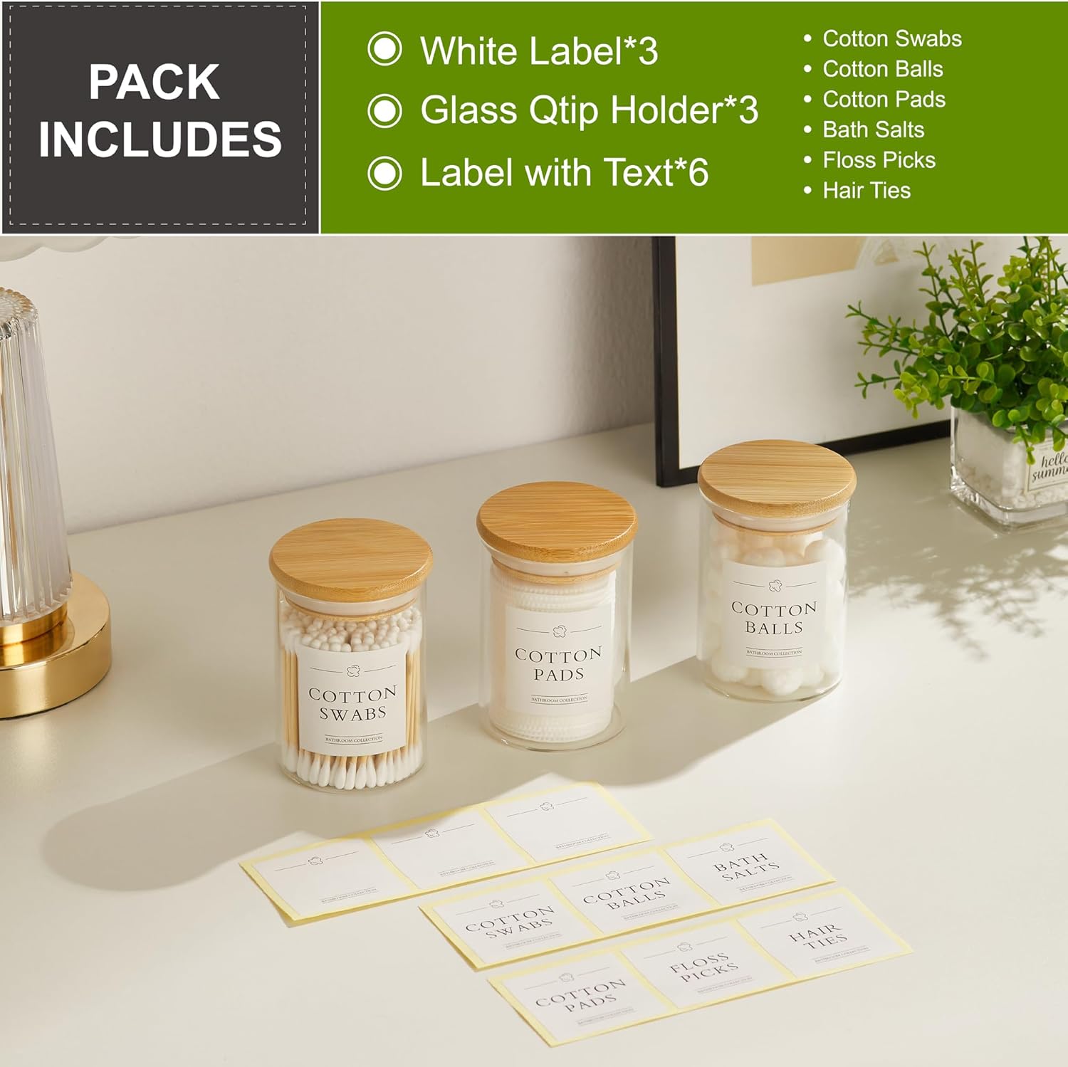 3 Pack QTip Holder Dispenser - Glass Jars with Bamboo Lids