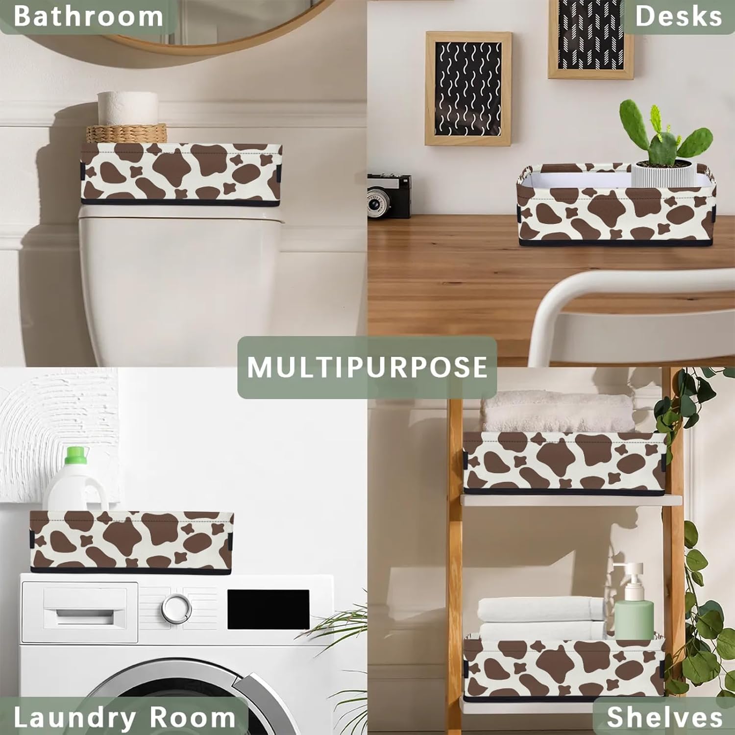 Cow Pattern Brown Bathroom Basket 2 Pack Foldable