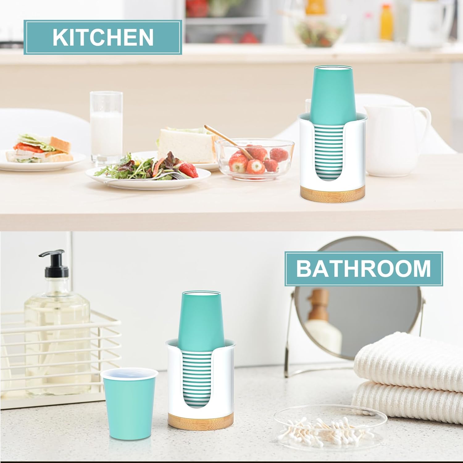 BYAWAY 2 Pack Bathroom Cup Dispenser with Bamboo Base