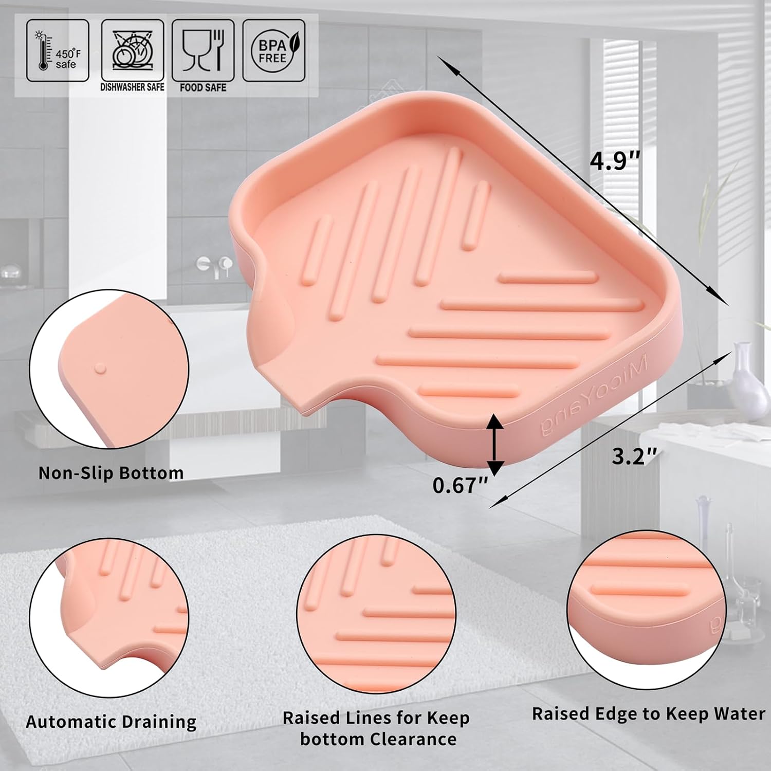 MicoYang Silicone Soap Dish with Drain Spout - Pink 49x32 Inch