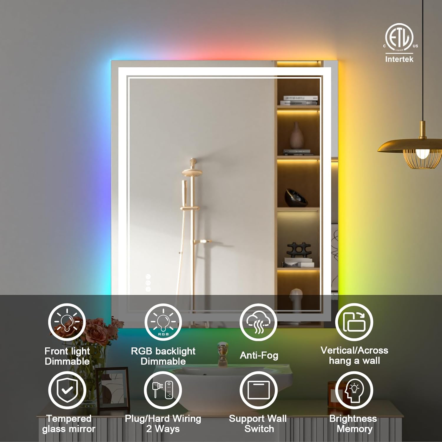 30x36 Inch RGB LED Bathroom Mirror with Anti-Fog 1