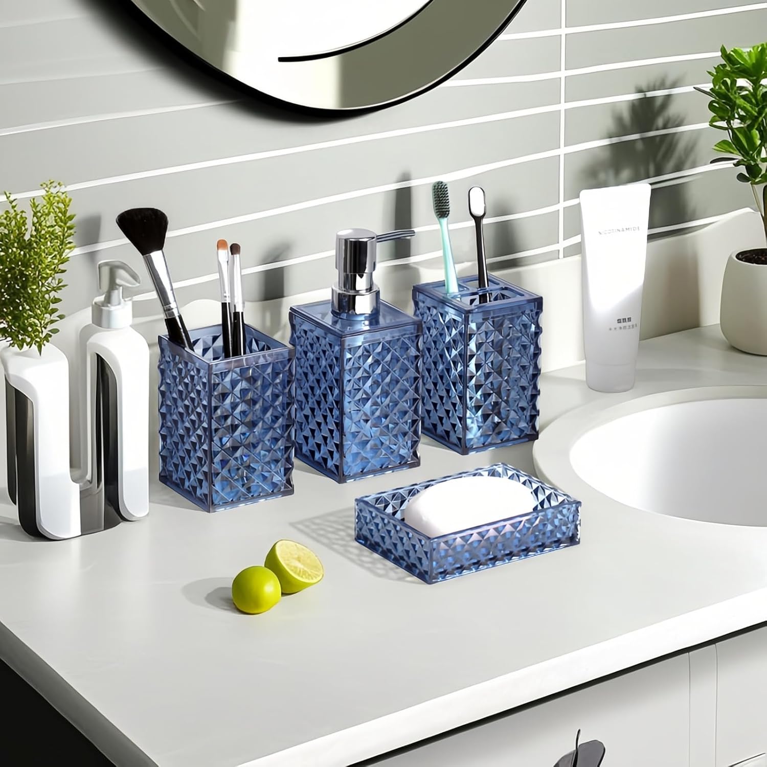 Blue Bathroom Accessories Set 4PCS Dark Navy Diamond Pattern