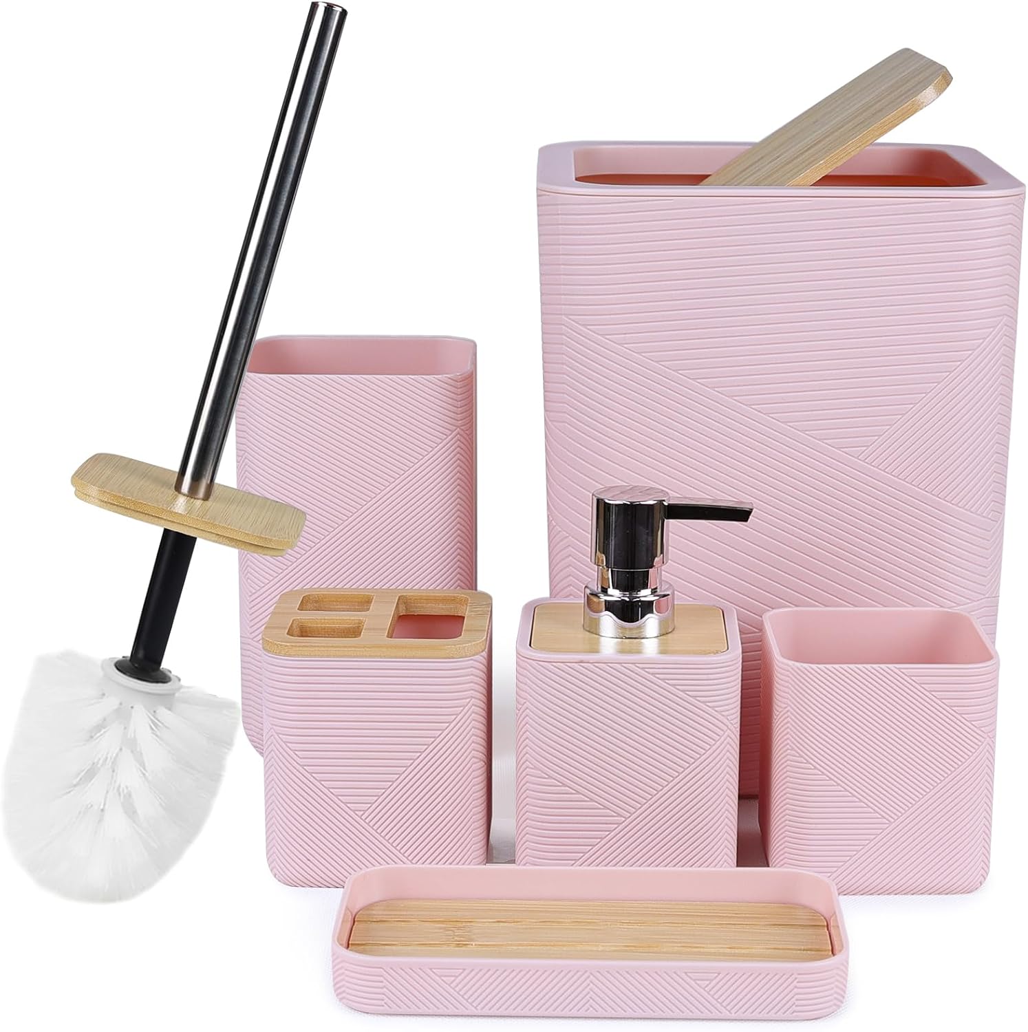 CERBIOR 6-Piece Bamboo Bathroom Accessory Set Pink 1