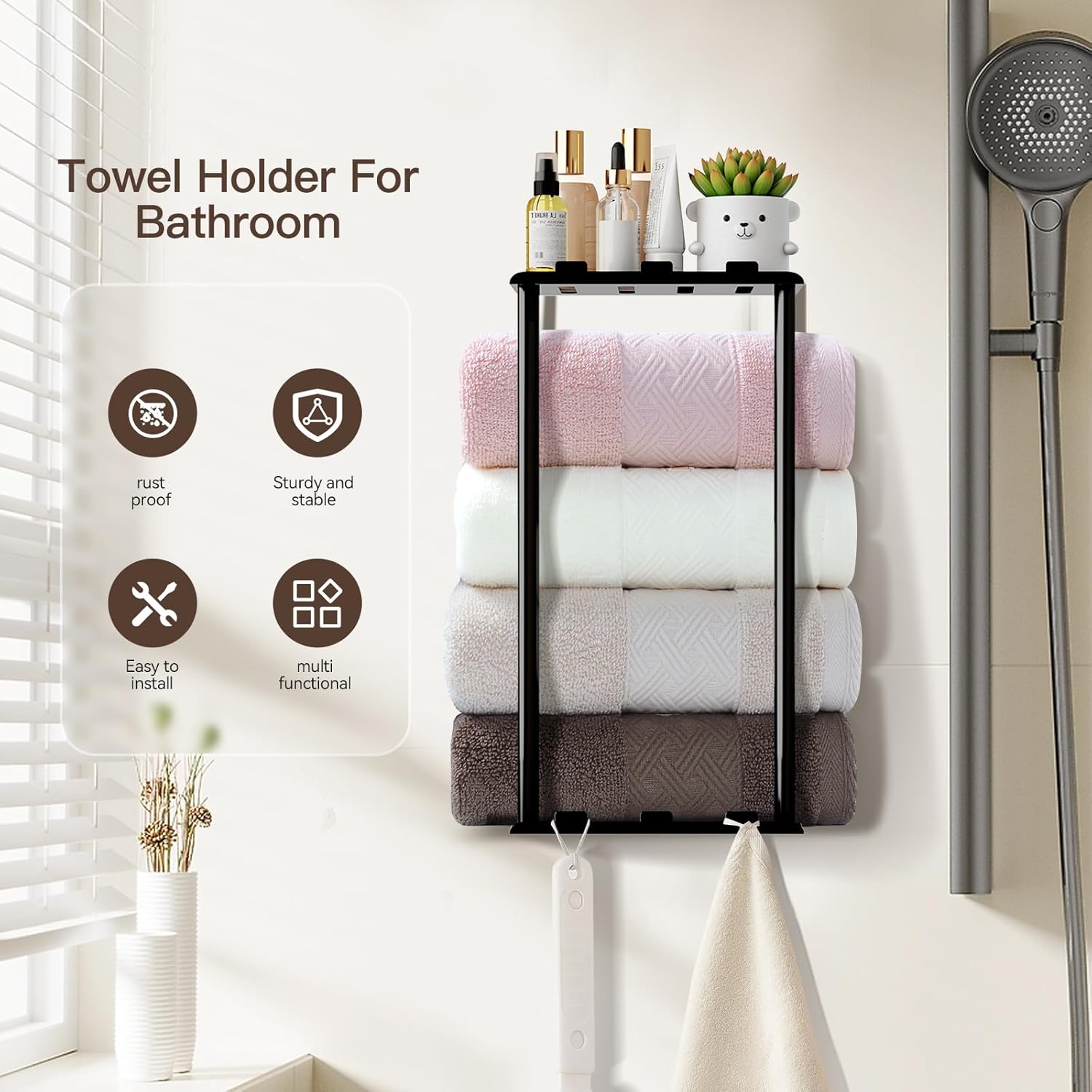 KISENG Towel Rack with Shelf 6 Hooks for Bathroom
