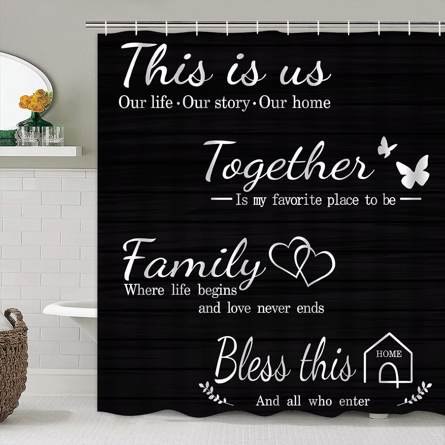 AZHM Family Shower Curtain Set Black with Rugs and Hooks