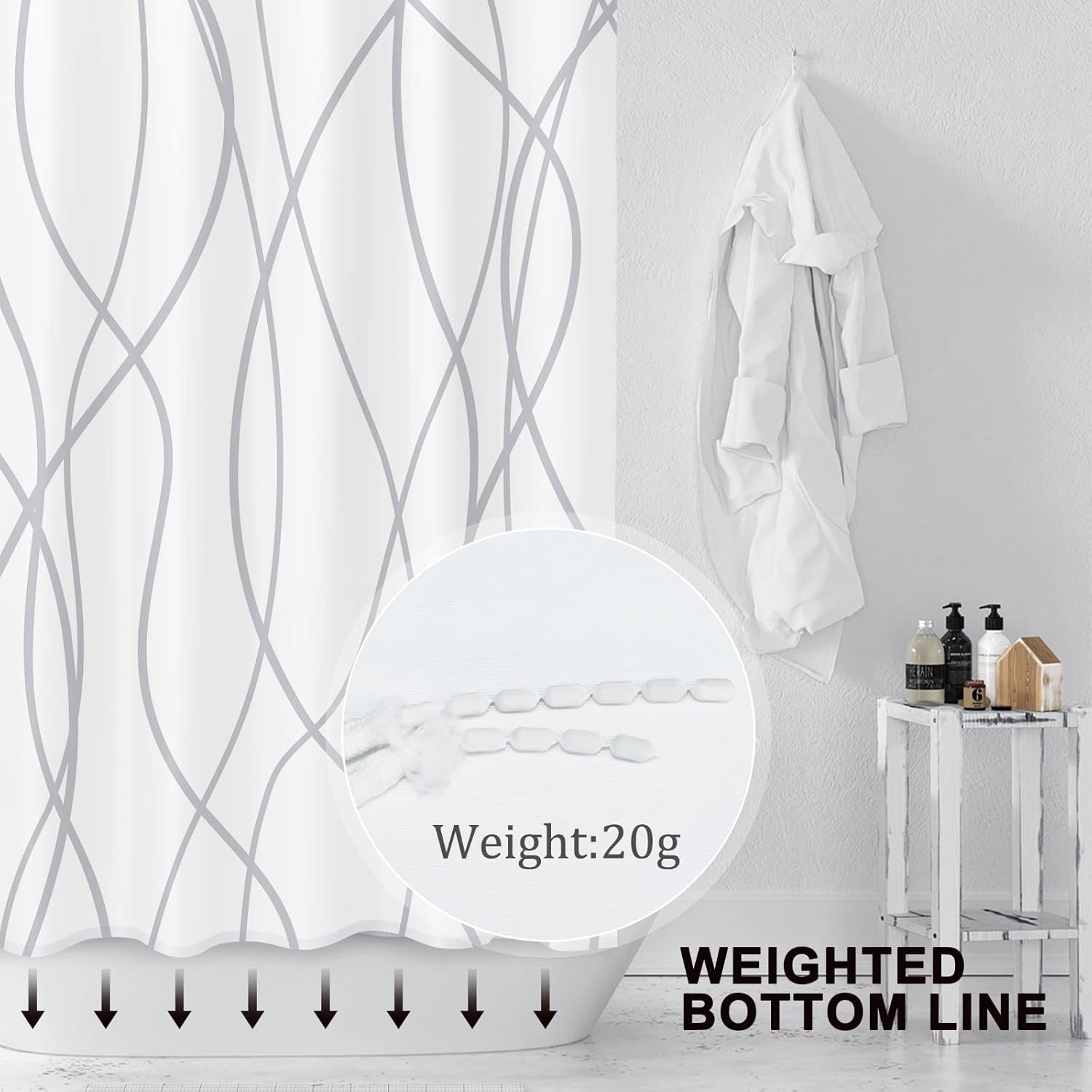 Punkray Grey White Striped Polyester Shower Curtain with Hooks