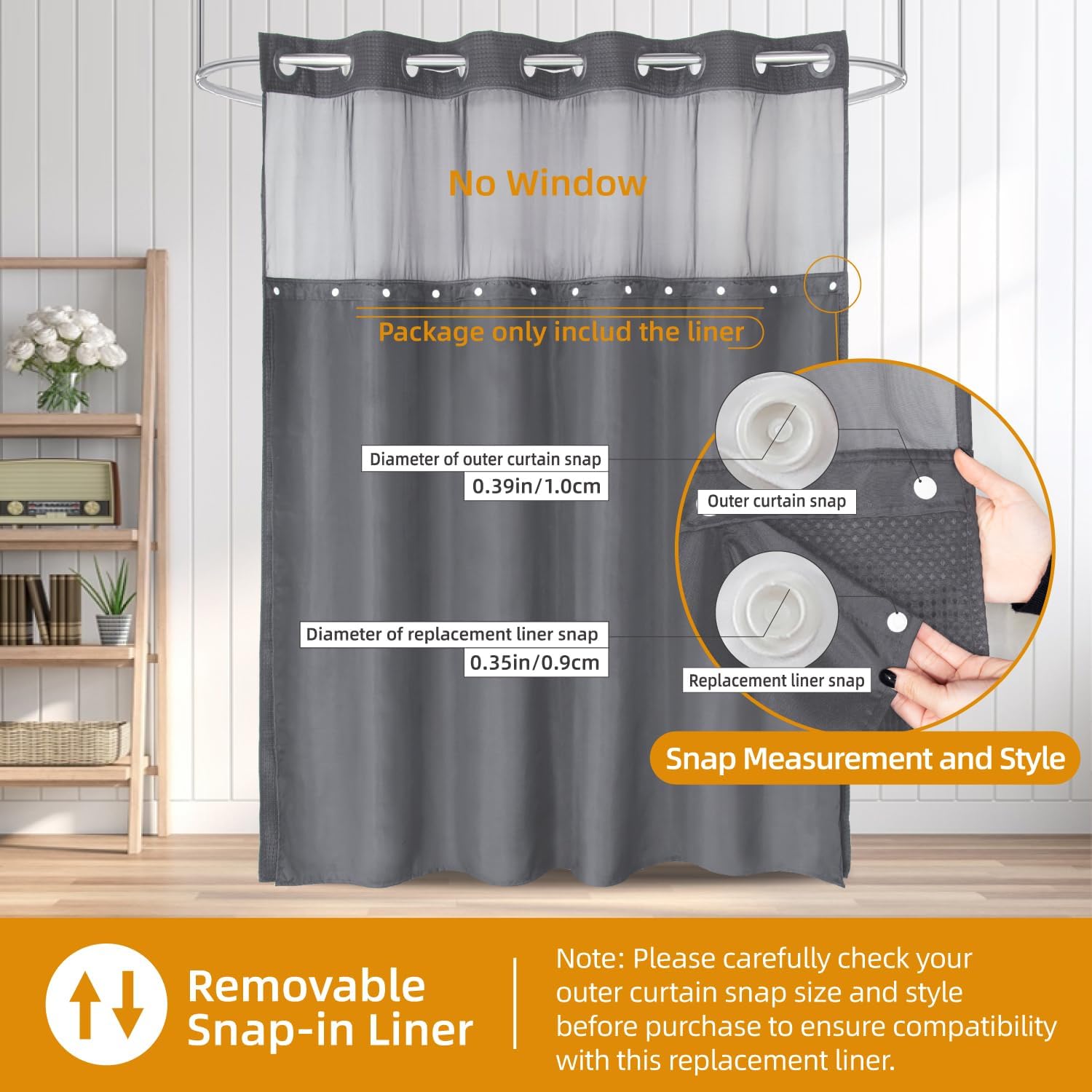 Eachope 1 Pack 70x60 Grey Snap-In Shower Curtain Liner