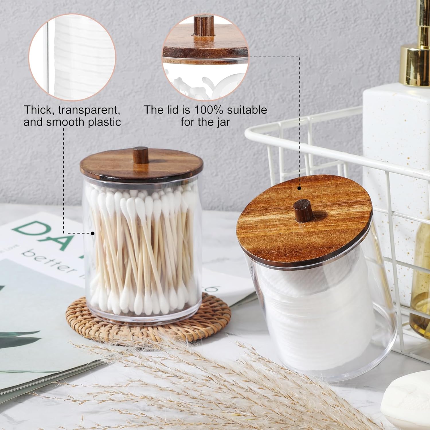 Temoyj 4 Pack QTip Holder Dispenser with Wood Lids