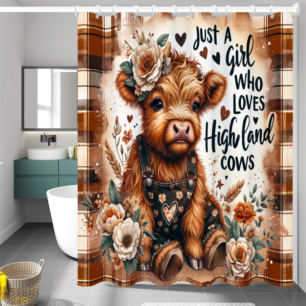 Funny Highland Cow Shower Curtain with 12 Hooks