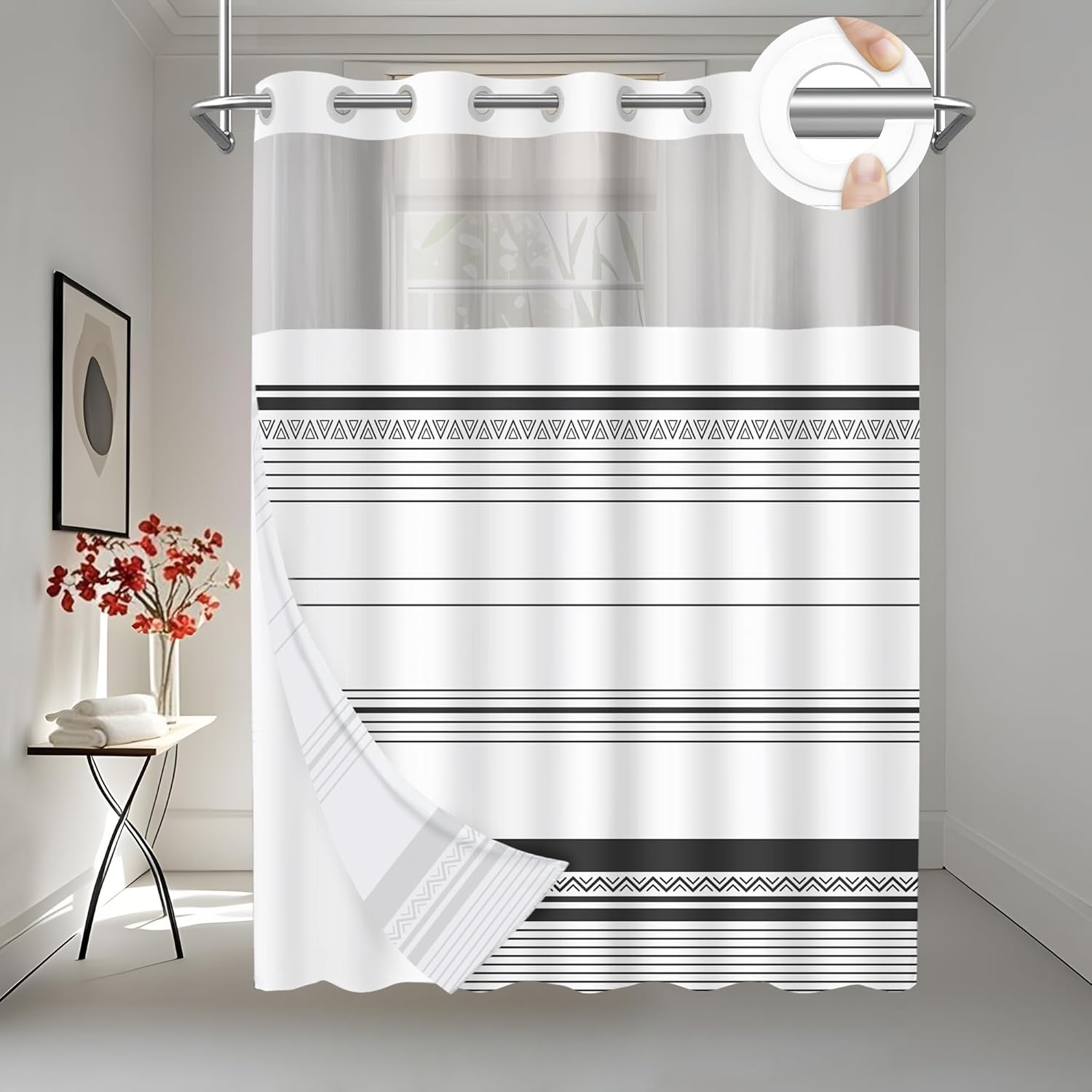 AXURXUI No Hook Shower Curtain Set with Window