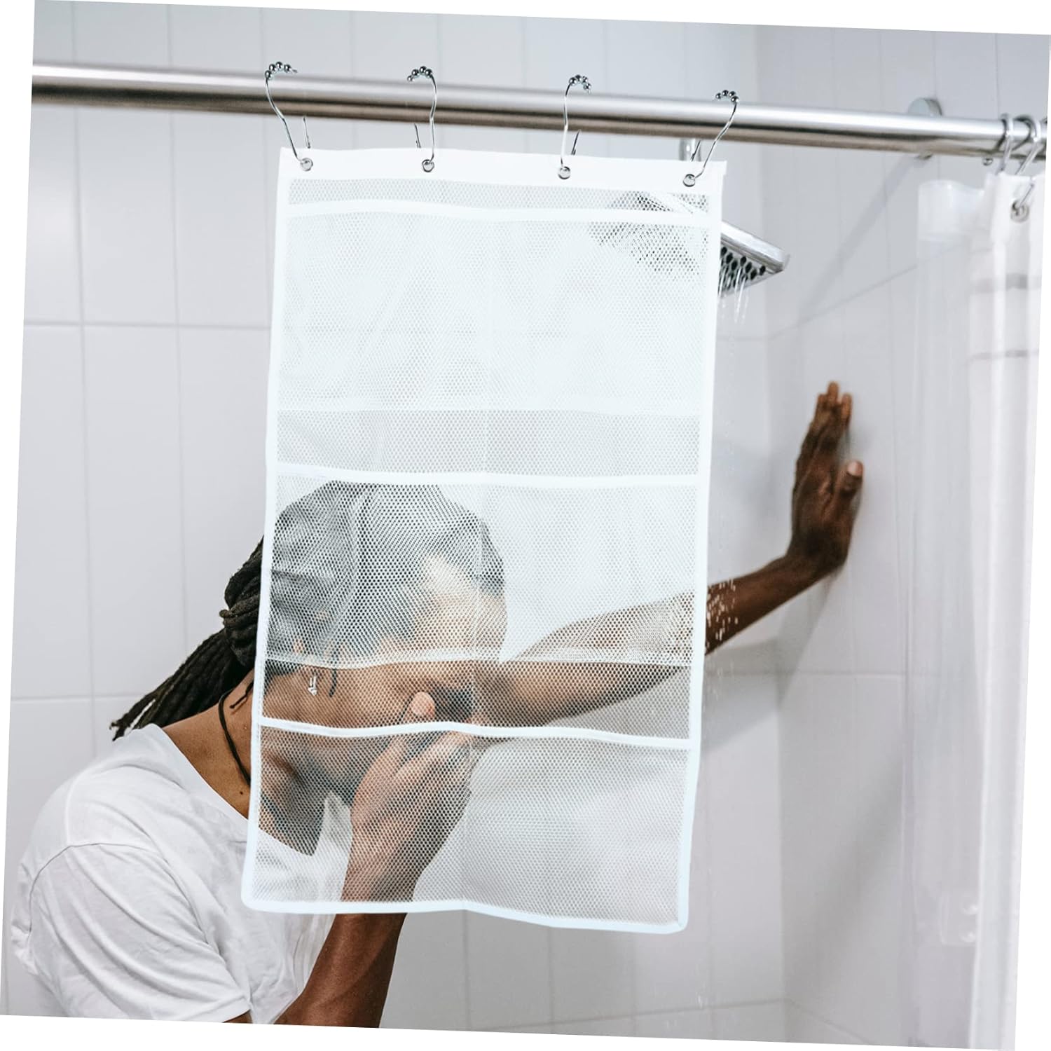 6 Pocket Mesh Bag Organizer Stainless Steel Hanging Shower Caddy