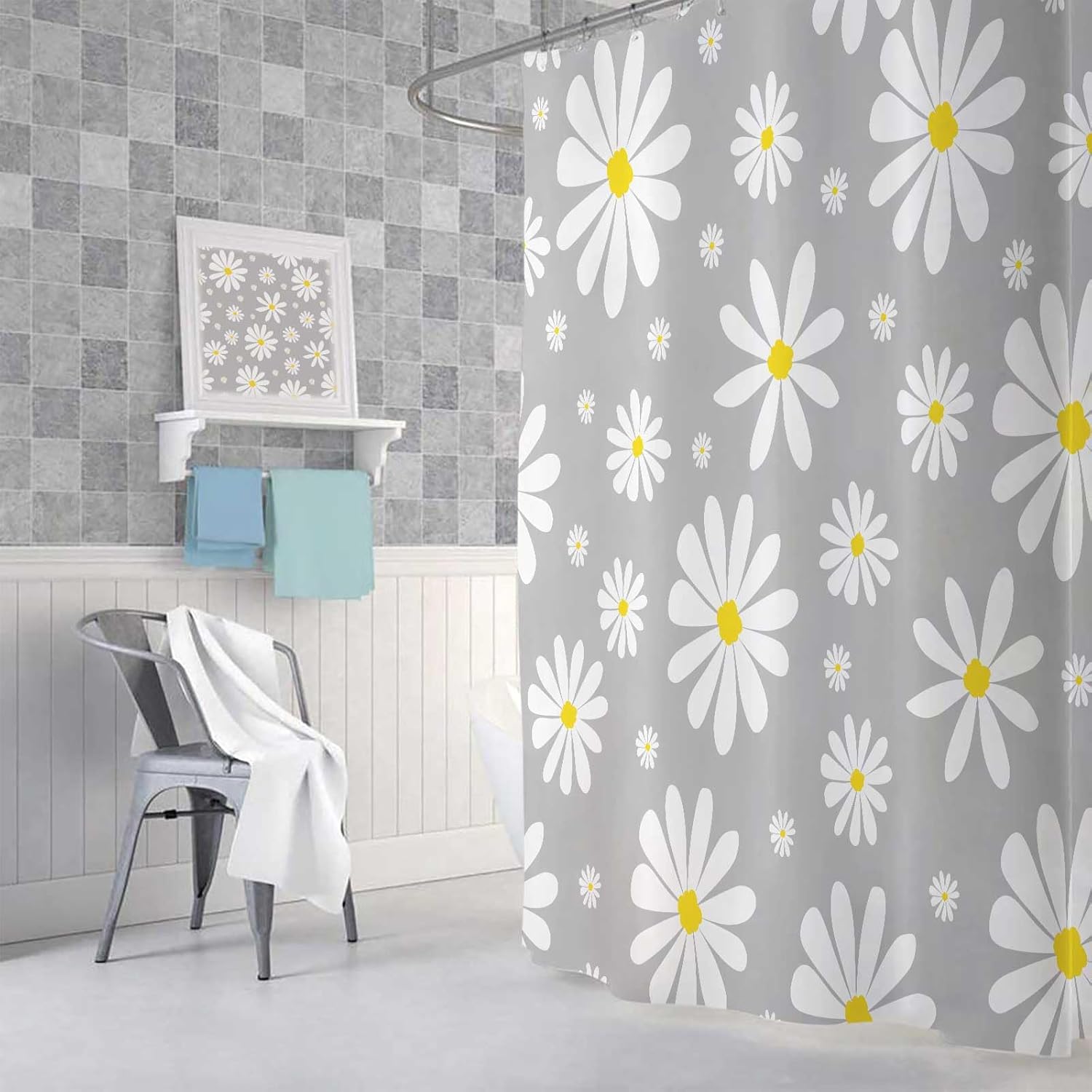 Grey Daisy Floral Shower Curtain Set with Hooks 72x75 Inch