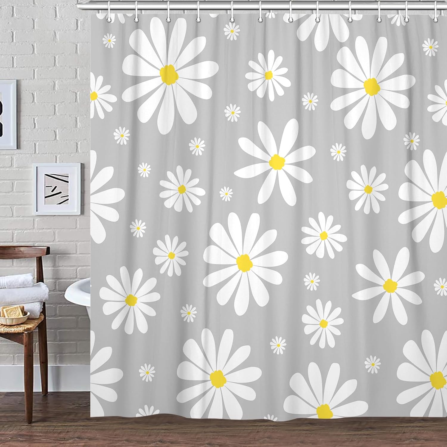 Grey Daisy Floral Shower Curtain Set with Hooks 72x75 Inch