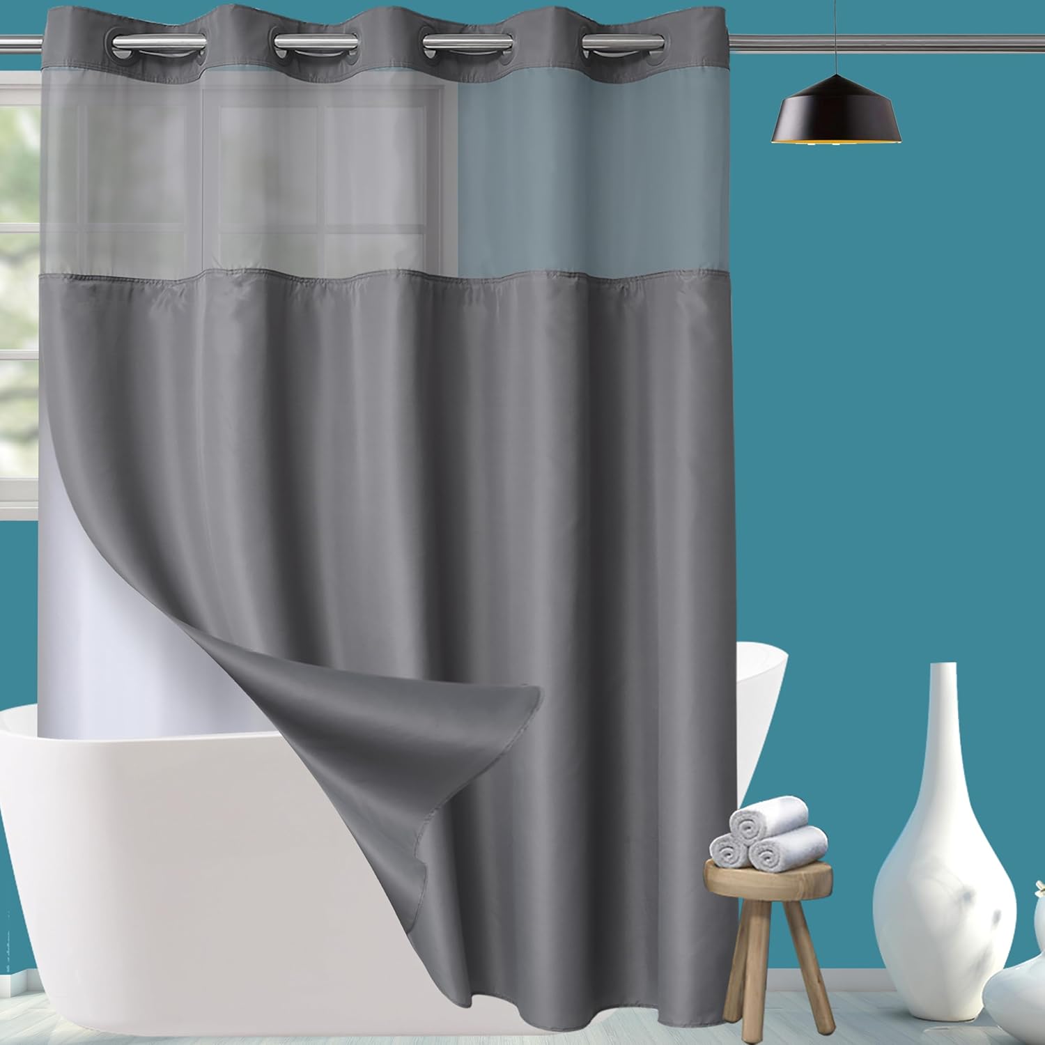 Conbo Mio Grey Shower Curtain Liner with Snap In Design