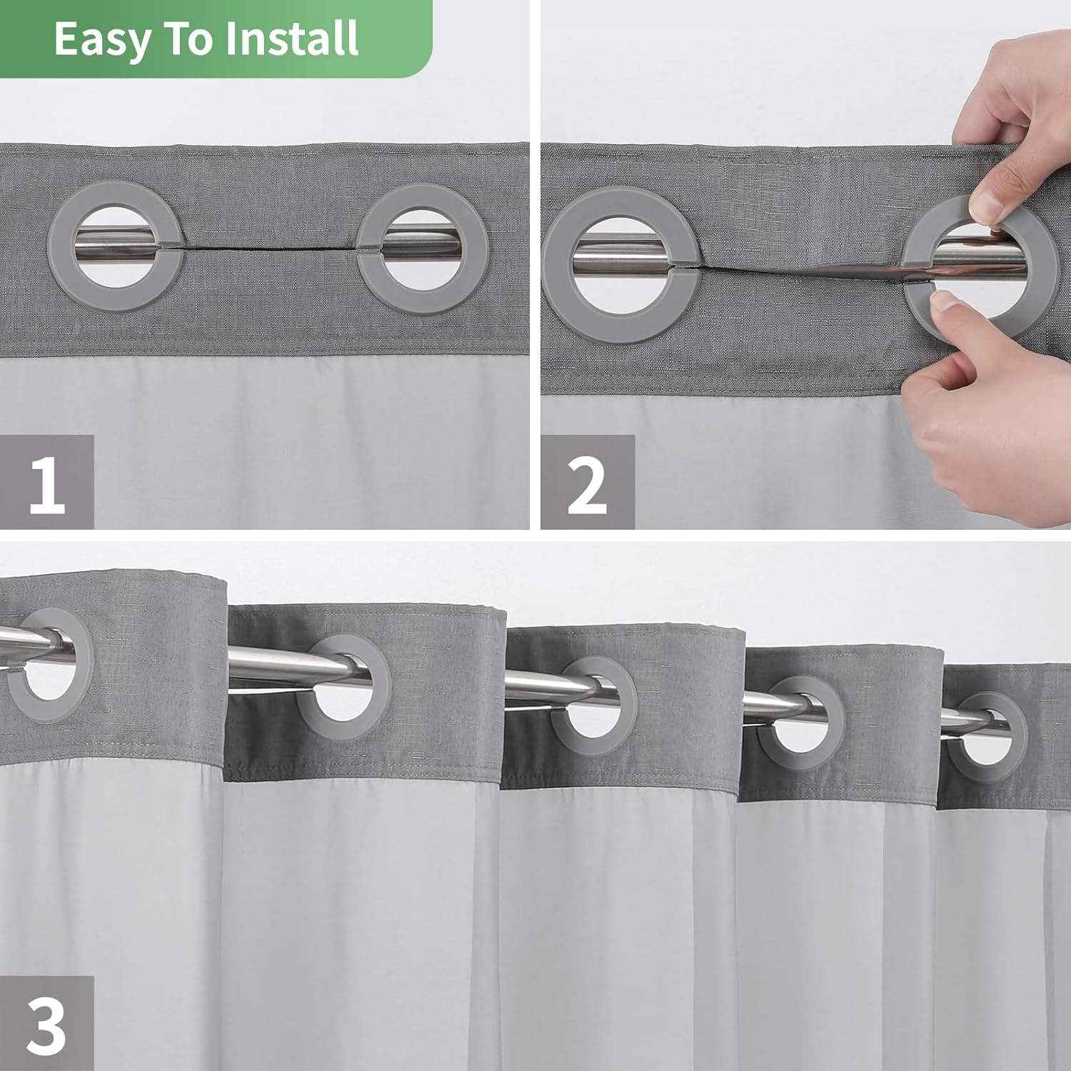 Grey No Hook Shower Curtain with Snap-in Liner Set 1