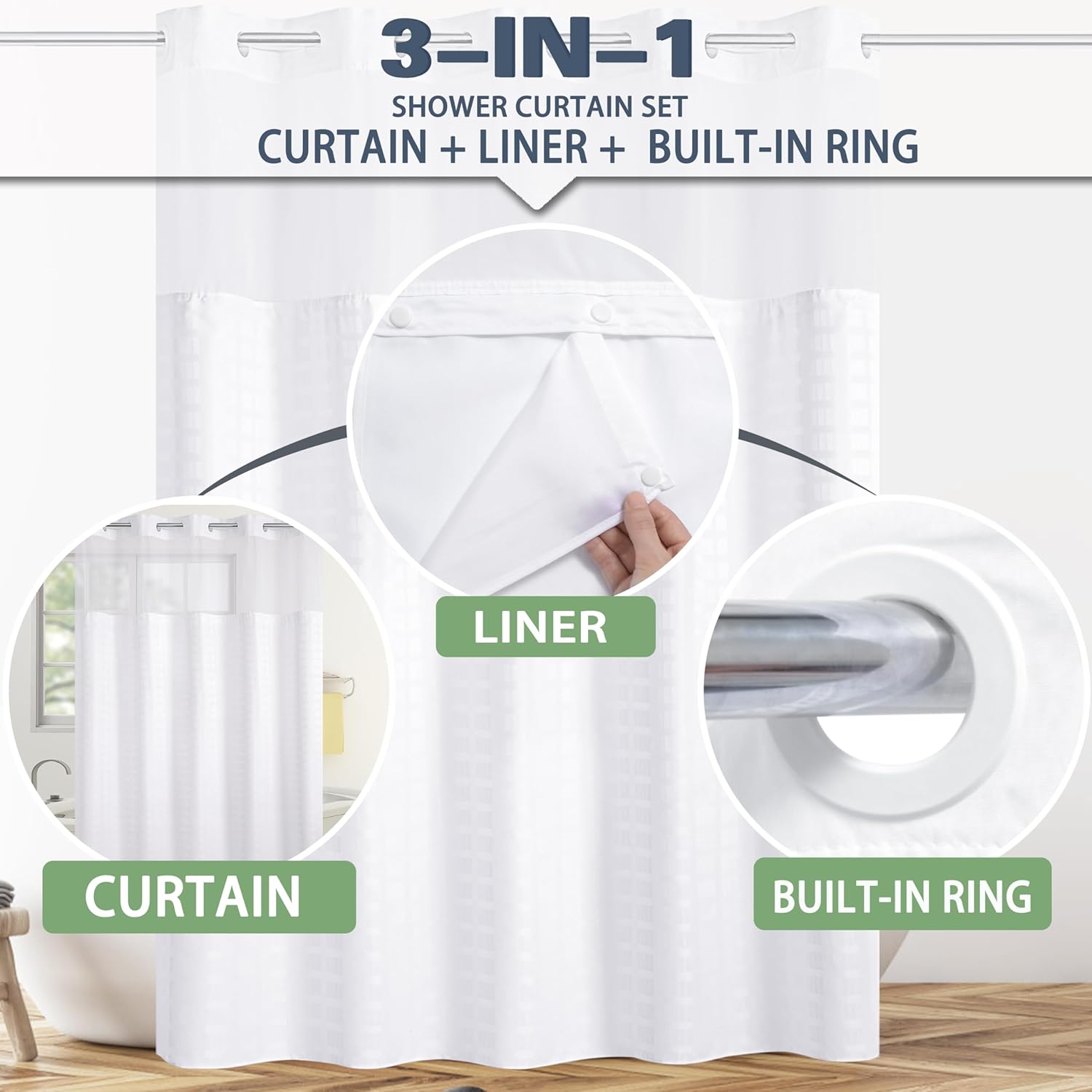 KONZENT Hotel Fabric Shower Curtain with Removable Liner