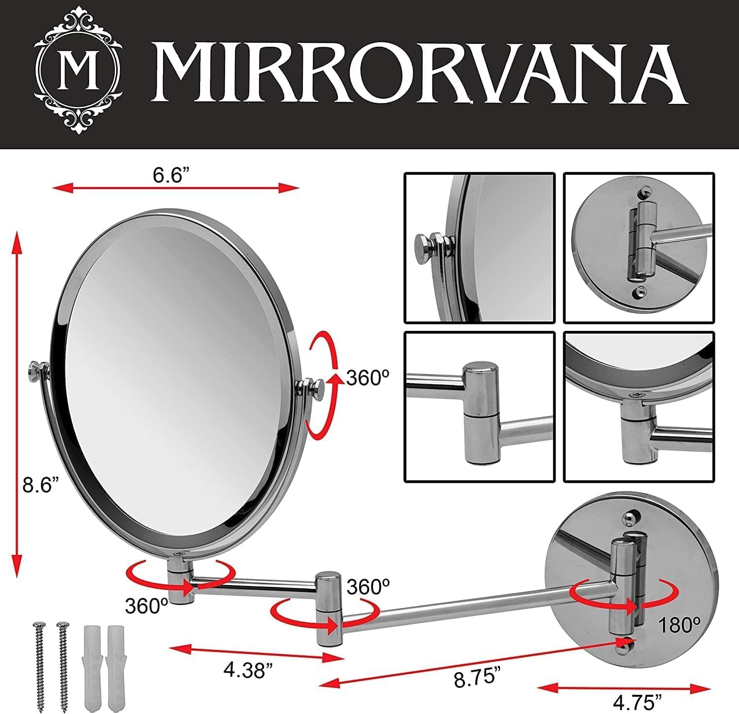 MIRRORVANA Wall Mounted Vanity Mirror 5X 1X Magnification