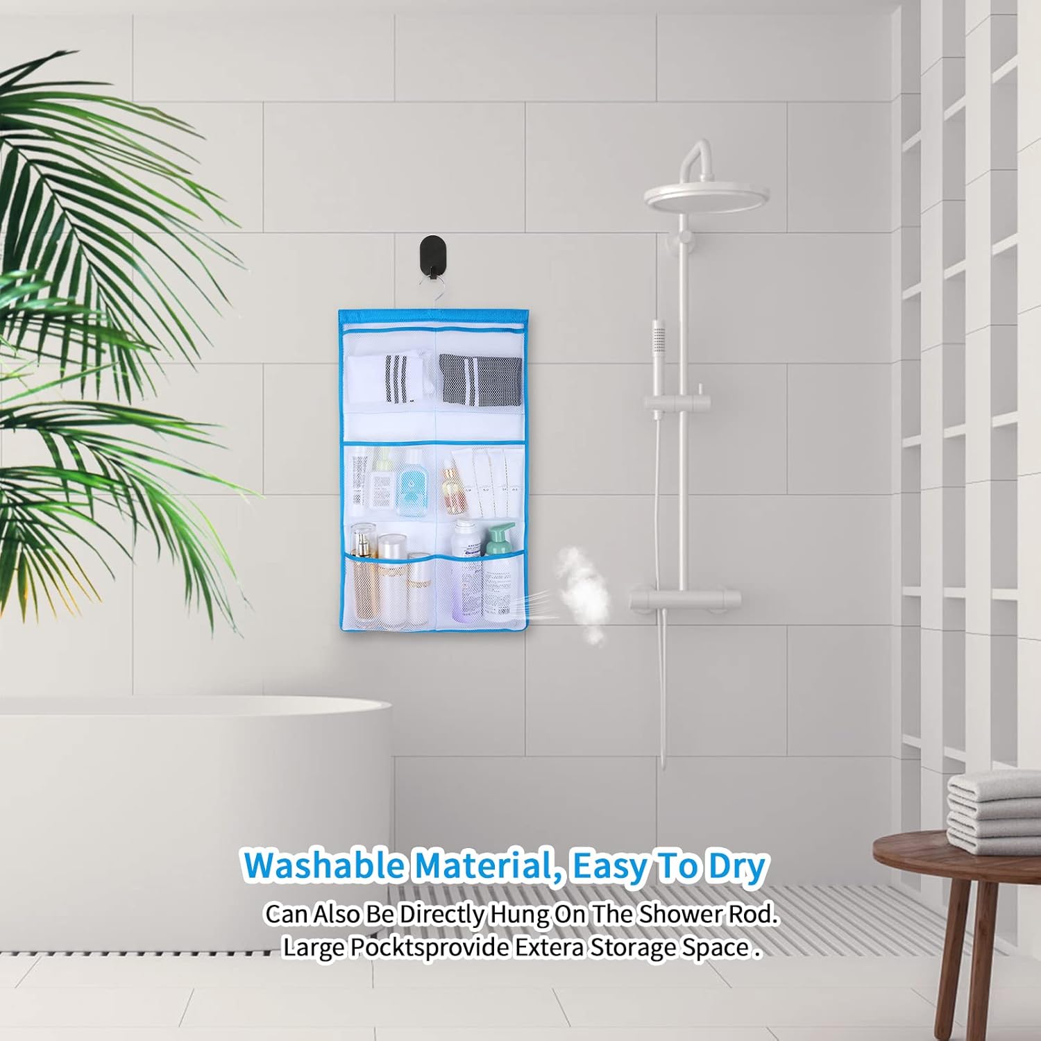 6 Storage Pockets Hanging Mesh Shower Caddy Blue 1