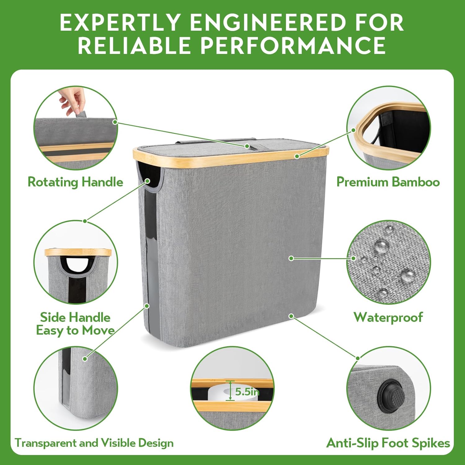 Toilet Paper Storage Basket - 9 Rolls Capacity - Bamboo Holder - Grey