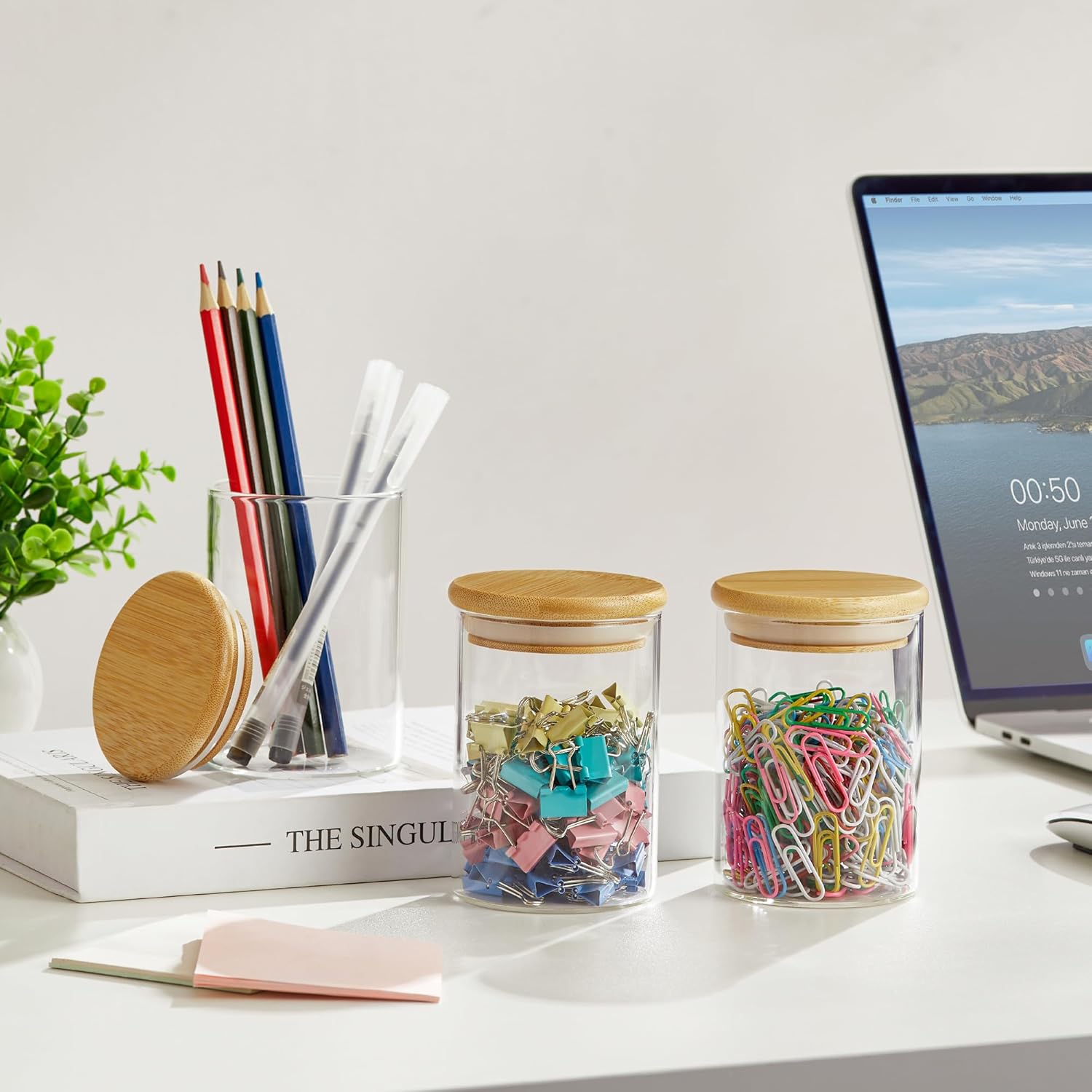 INIUNIK 2 Pack Qtip Holder Dispenser with Bamboo Lids