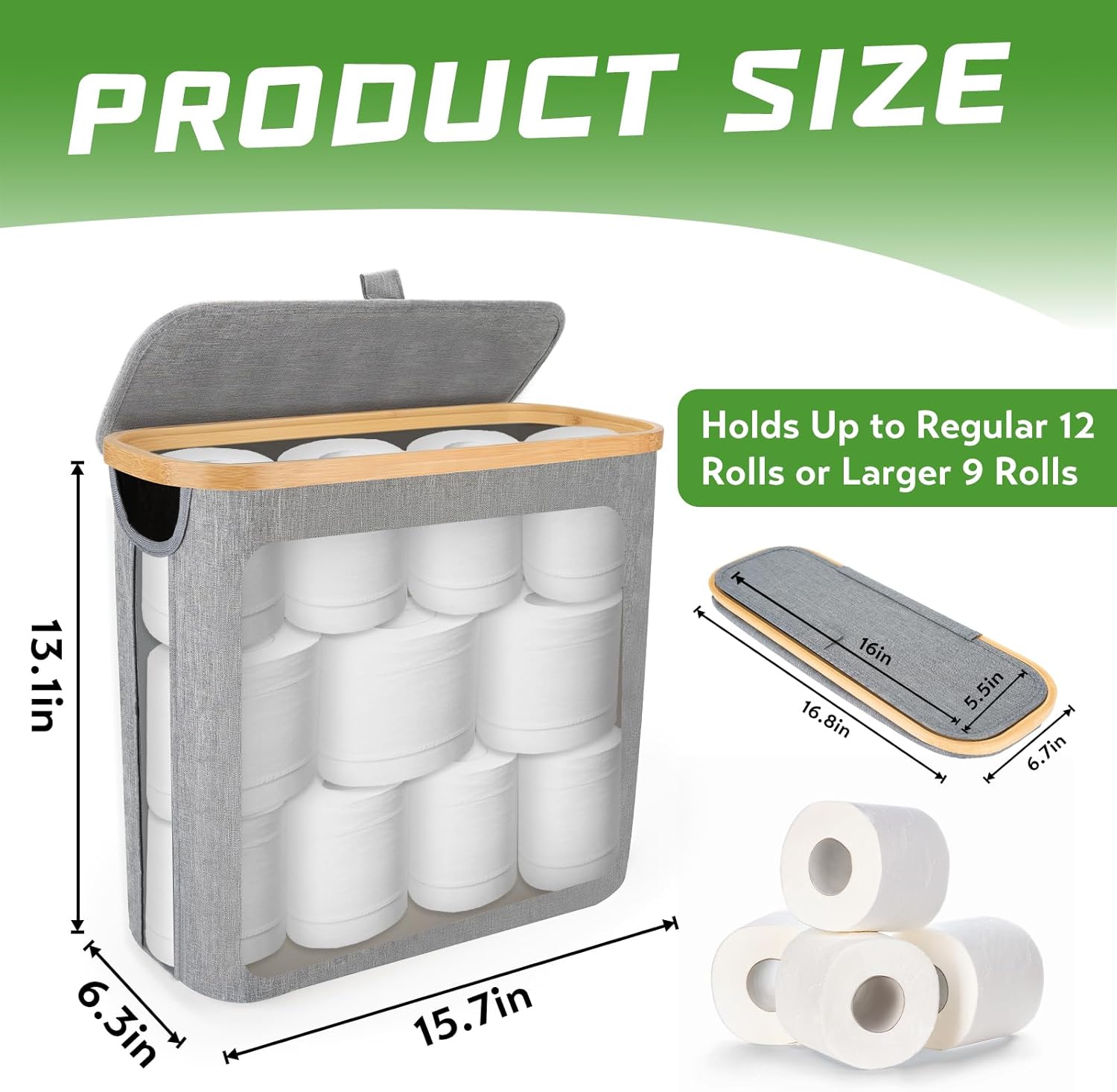 Toilet Paper Storage Basket - 9 Rolls Capacity - Bamboo Holder - Grey