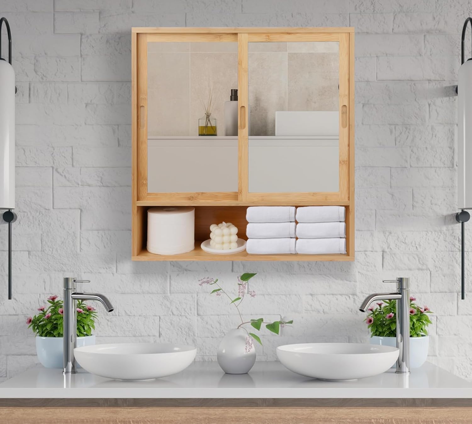ZYBT Bamboo Medicine Cabinet with Mirror and 2 Sliding Doors