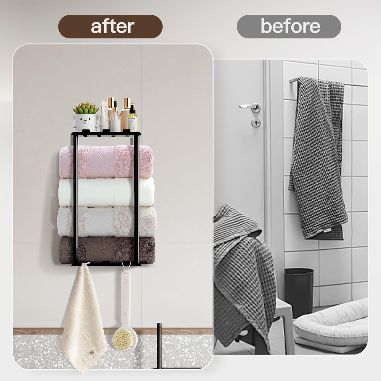 KISENG Towel Rack with Shelf 6 Hooks for Bathroom