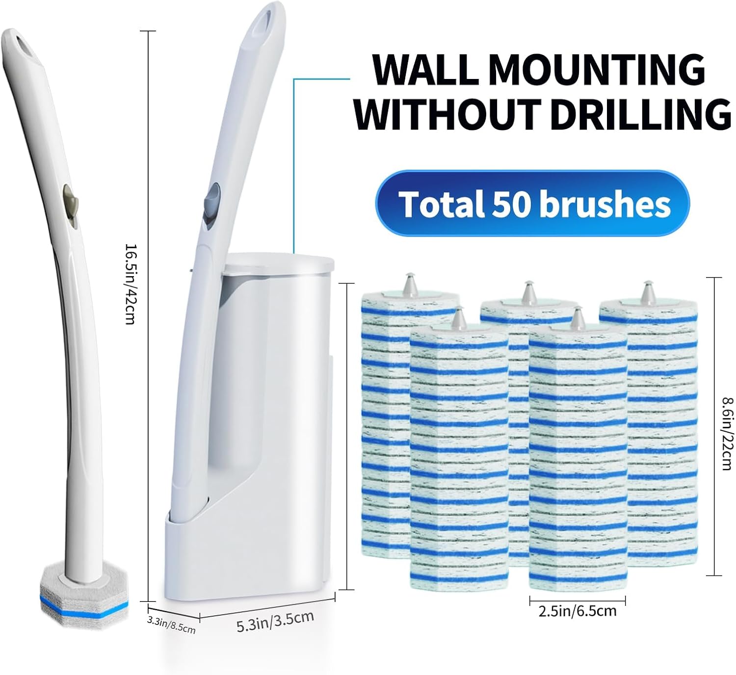 Hohoky Disposable Toilet Brush with 50 Refills and Wall Mount Holder