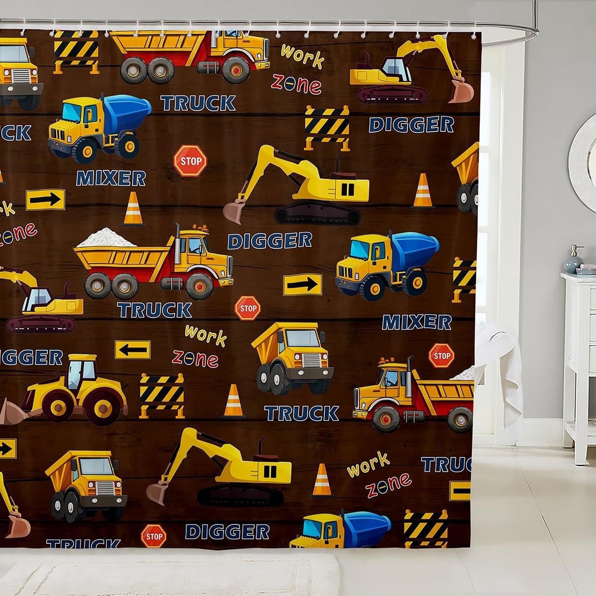Manfei Boys Excavator Shower Curtain Set
