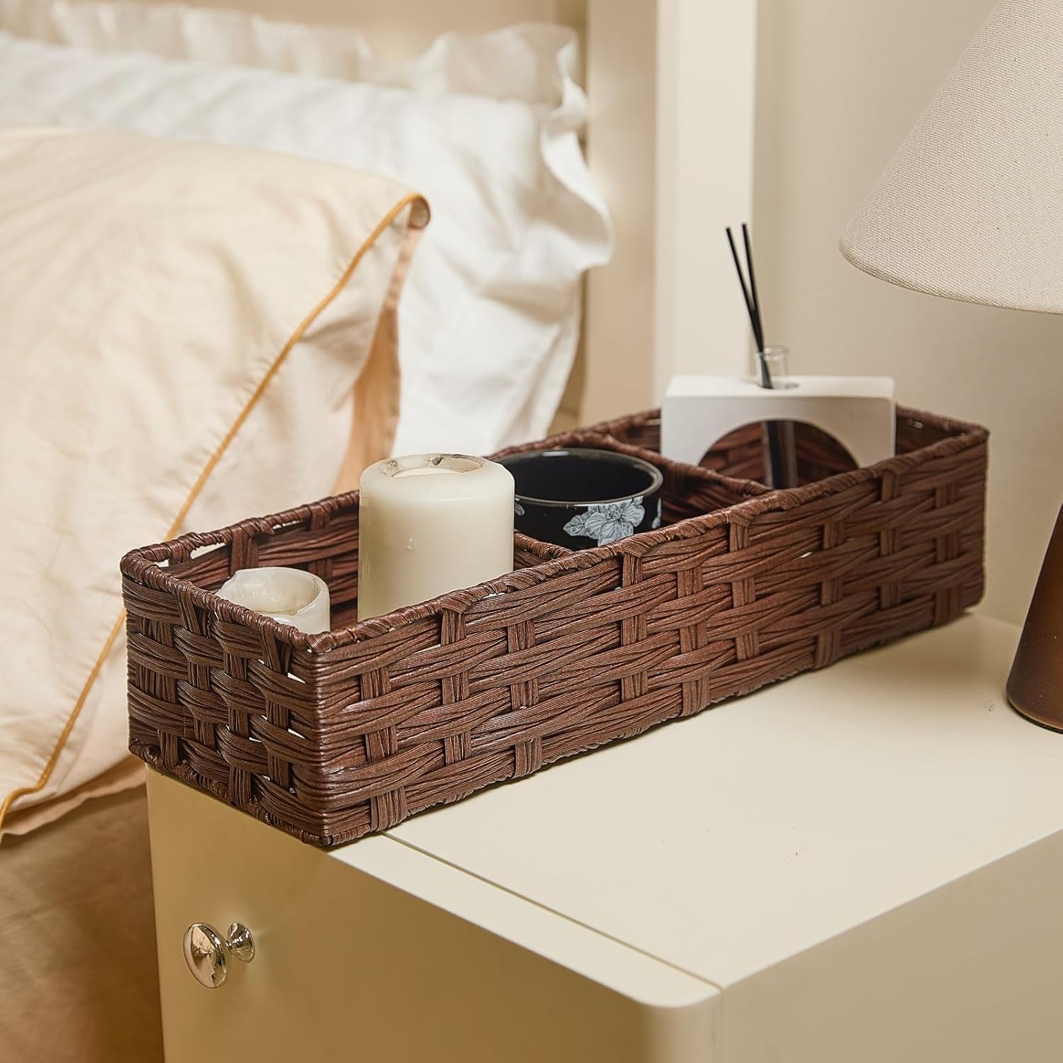 Buaihekafei Toilet Paper Basket with Dividers Waterproof Wicker Storage for Bathroom