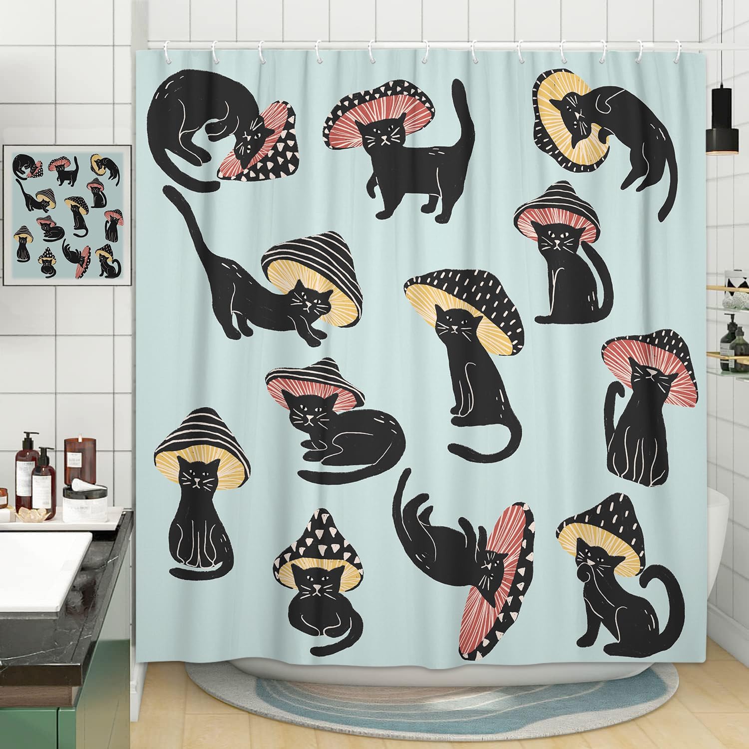 MERCHR Cute Funny Cat Mushroom Shower Curtain 72x72 Inch