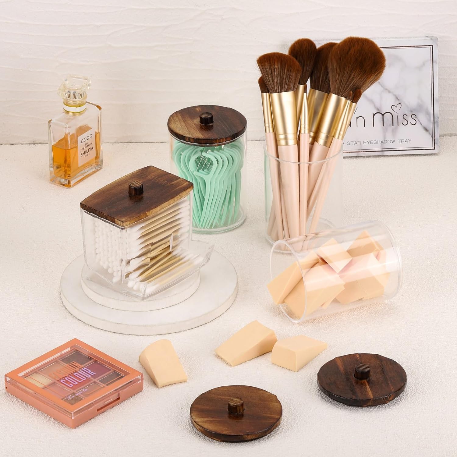 Tbestmax 4 Pack Cotton Ball Dispenser with Bamboo Lids Brown