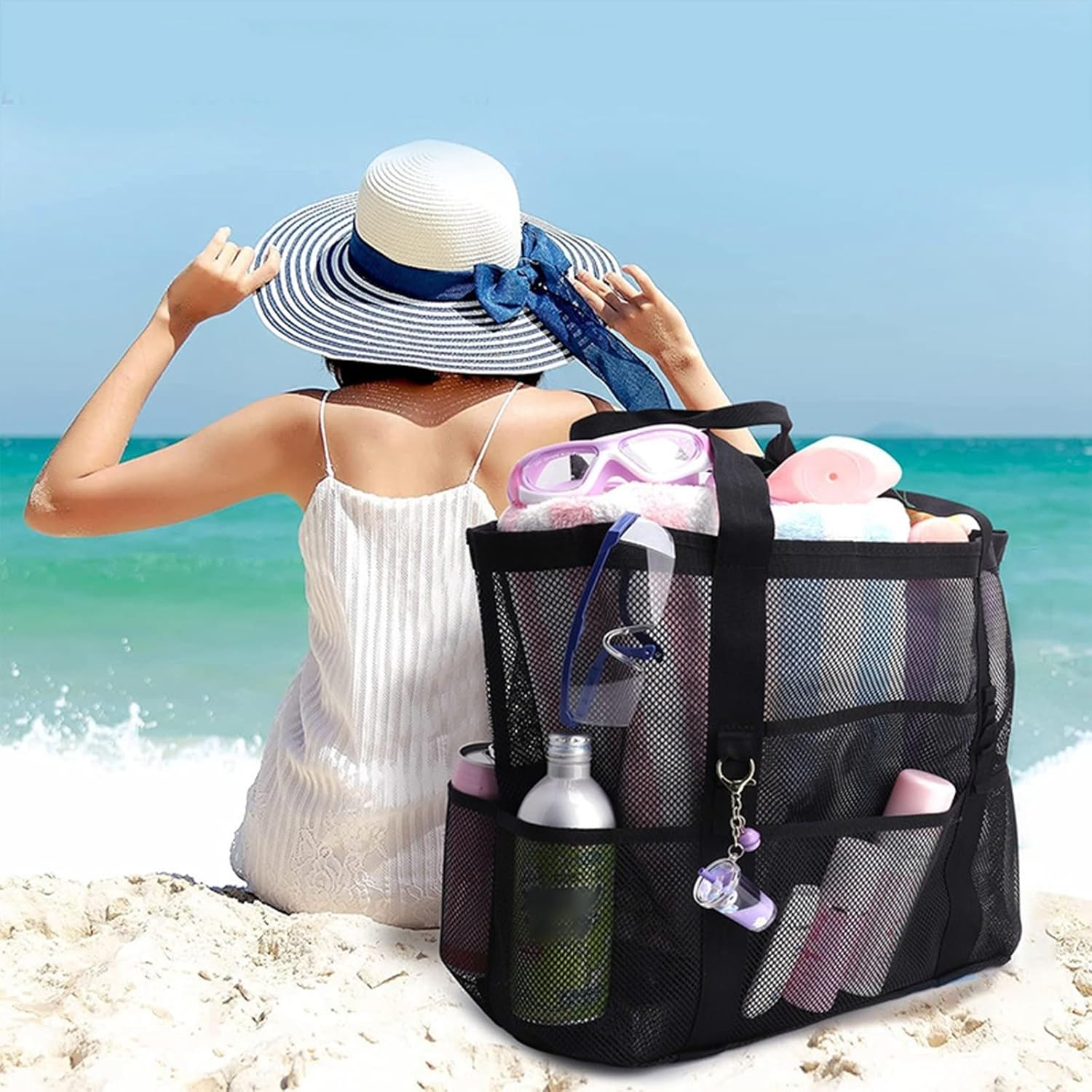 Portable Mesh Shower Caddy with 8 Pockets Black
